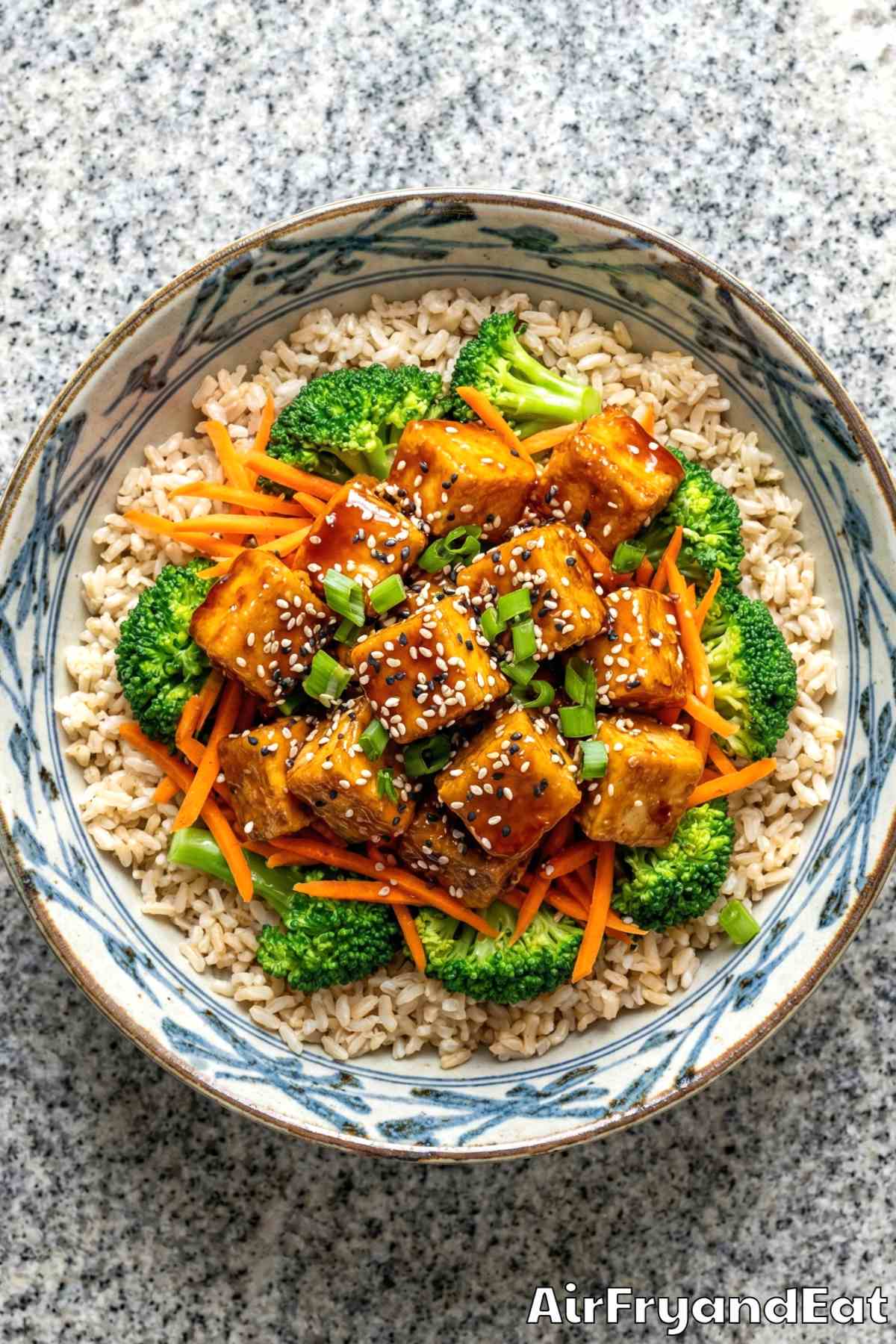 easy air fryer crispy sesame tofu bowl