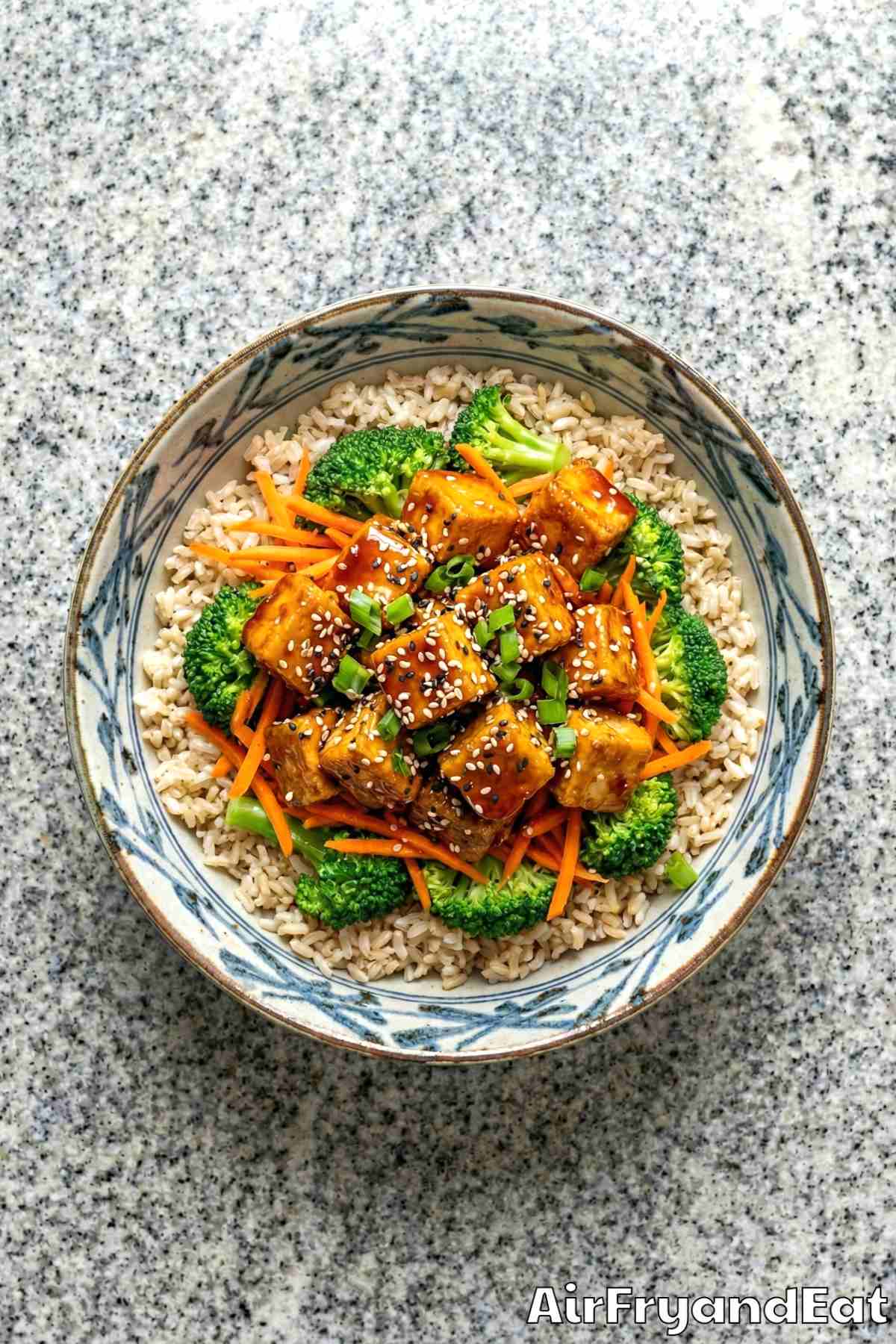 flavorful air fryer sesame tofu bowl