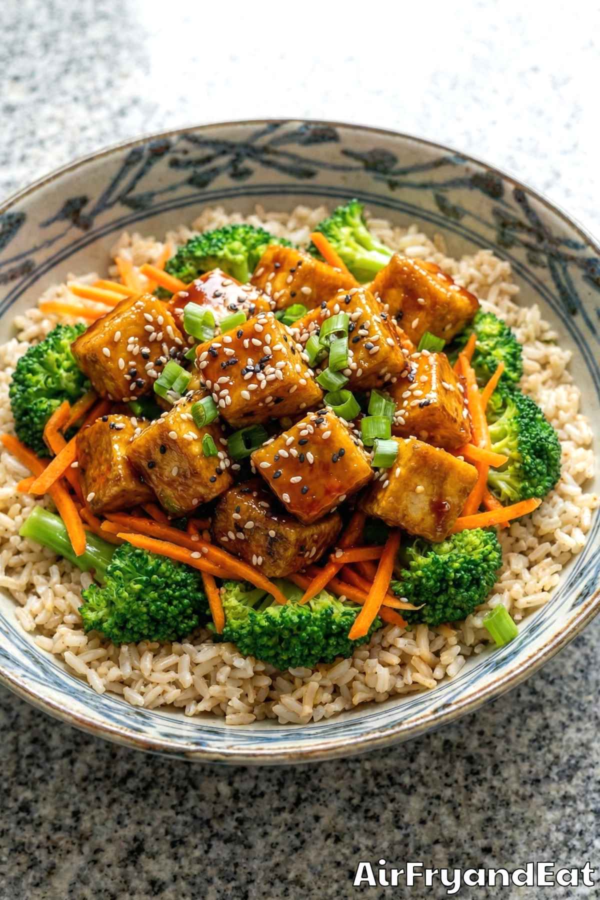 wholesome air fryer crispy sesame tofu bowl