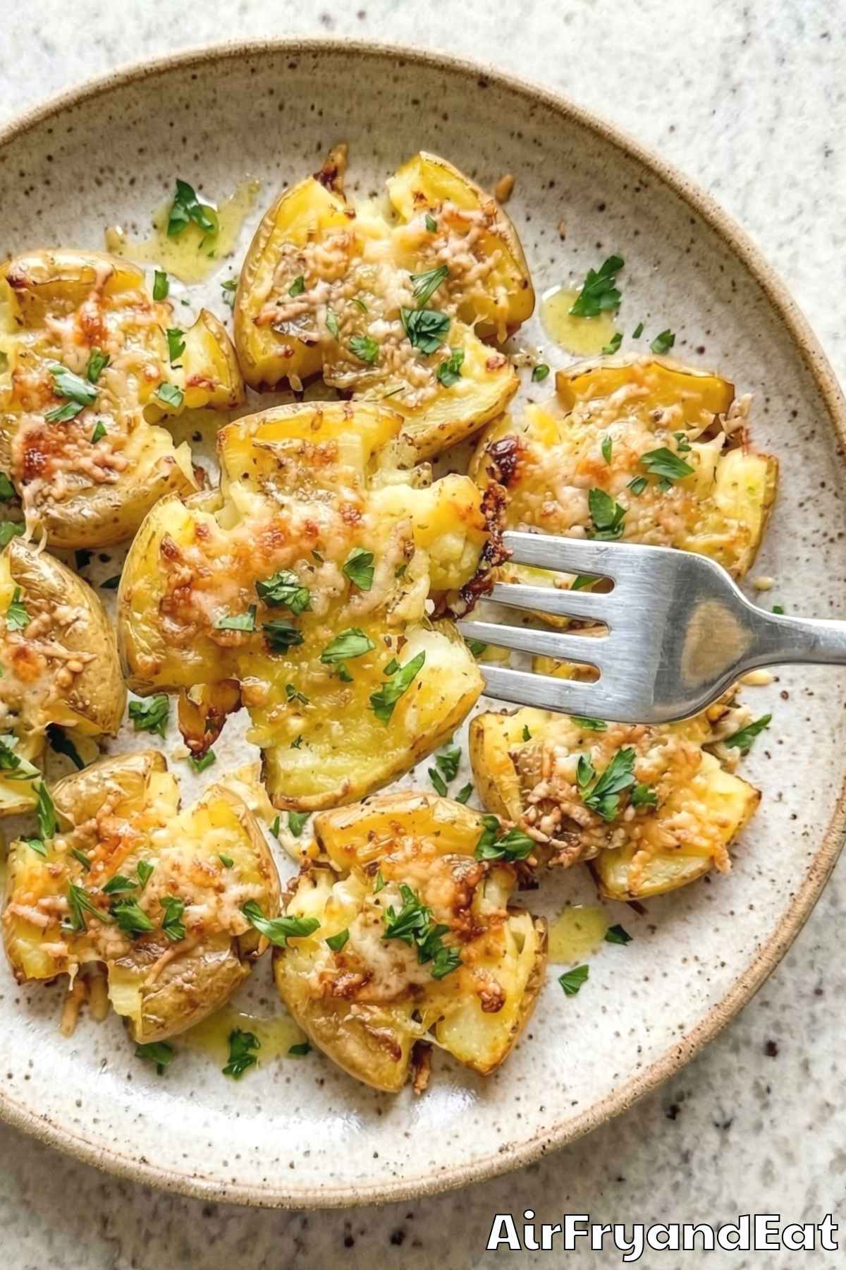 Crunchy air fryer smashed potatoes on a plate