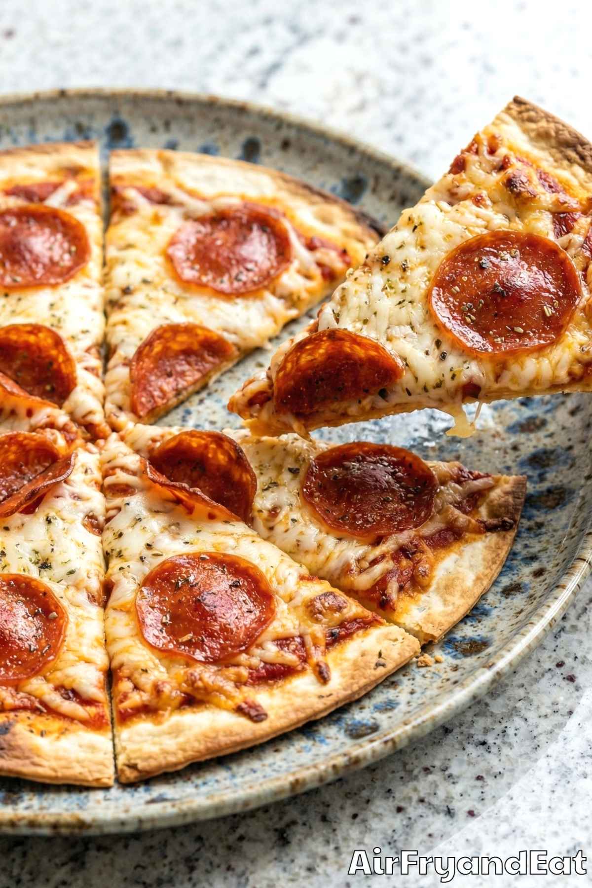 Warm air fryer crispy tortilla pizzas