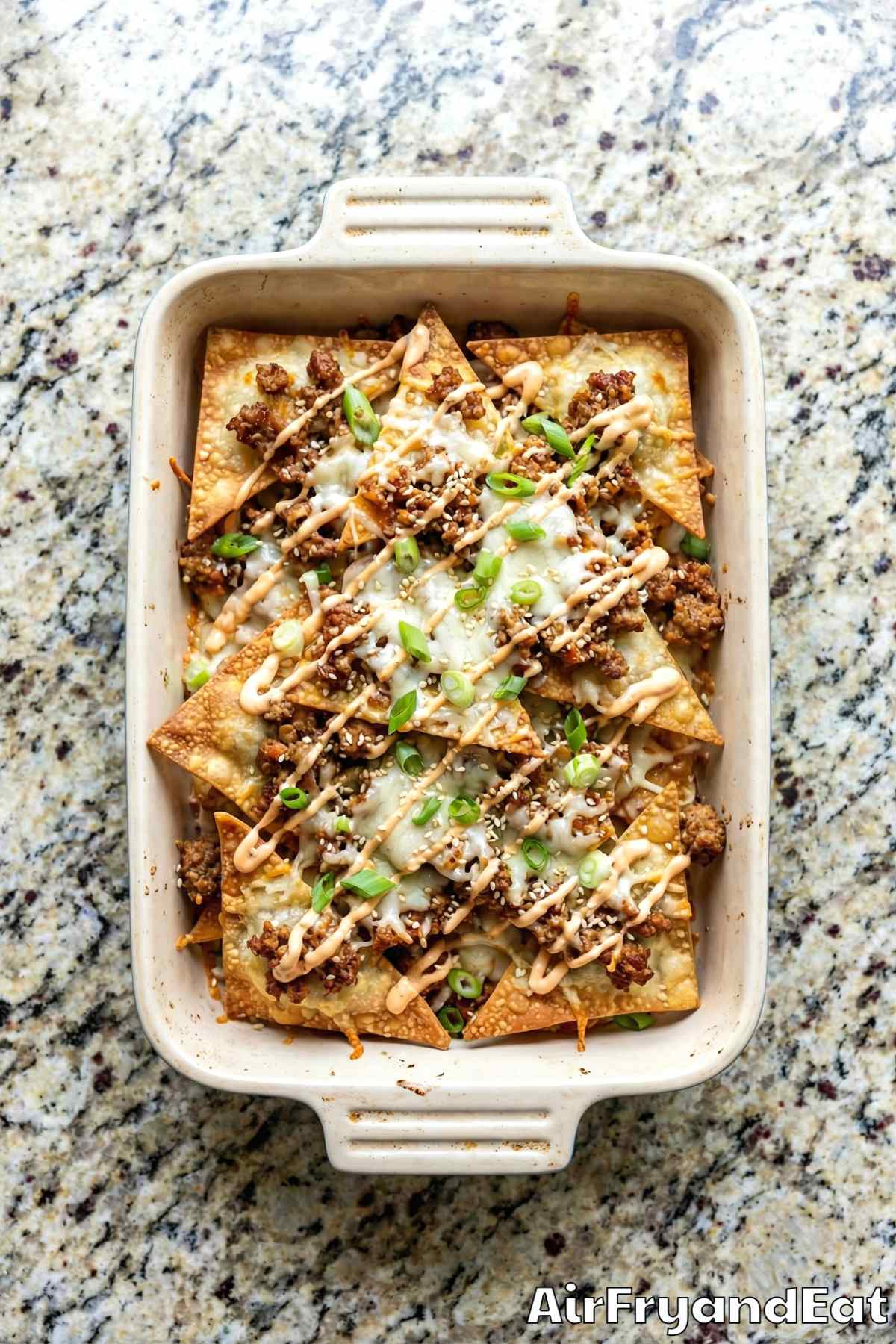 Easy air fryer wonton nachos with toppings