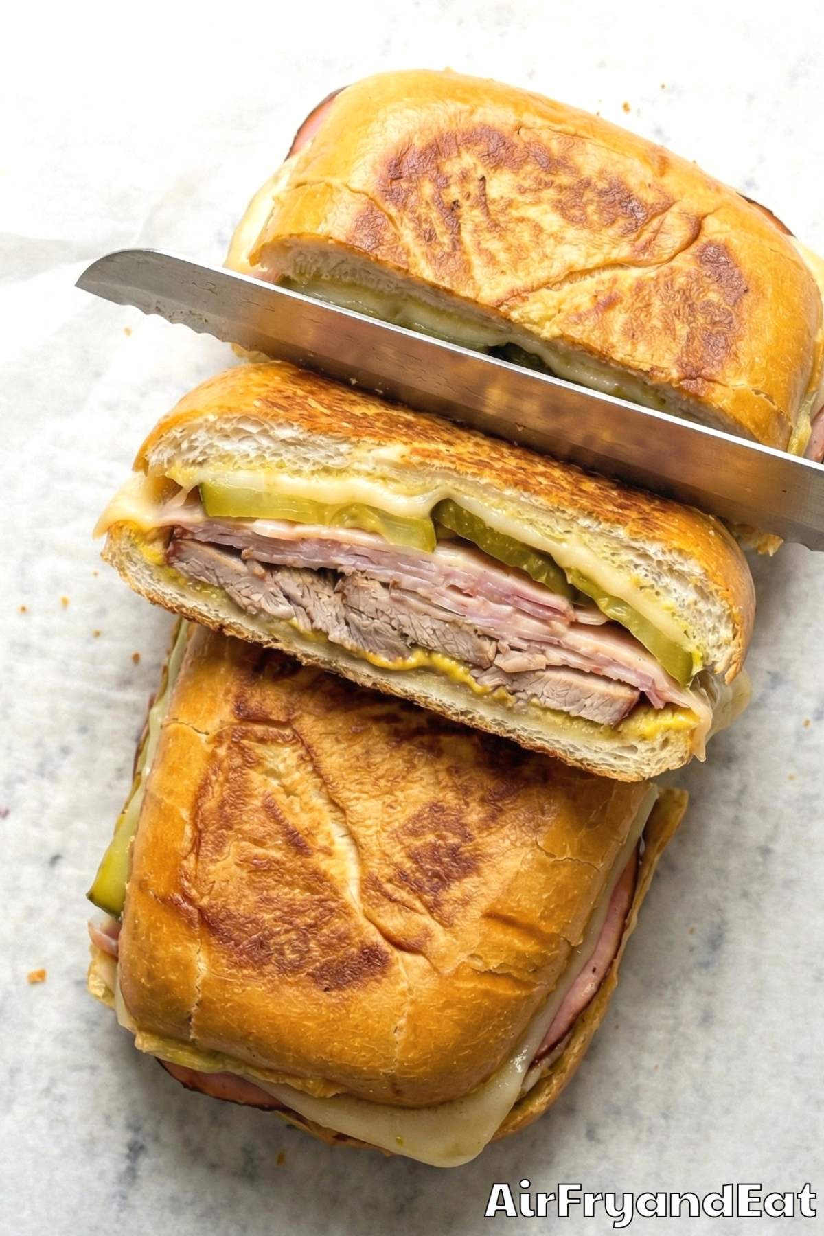 Easy air fryer Cuban sandwiches stacked high
