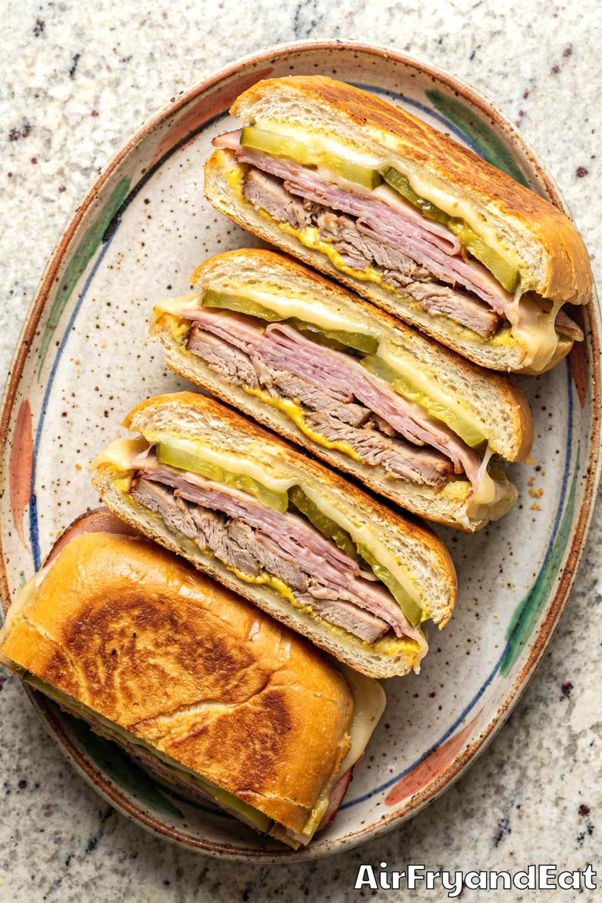 Warm air fryer Cuban sandwiches with pickles