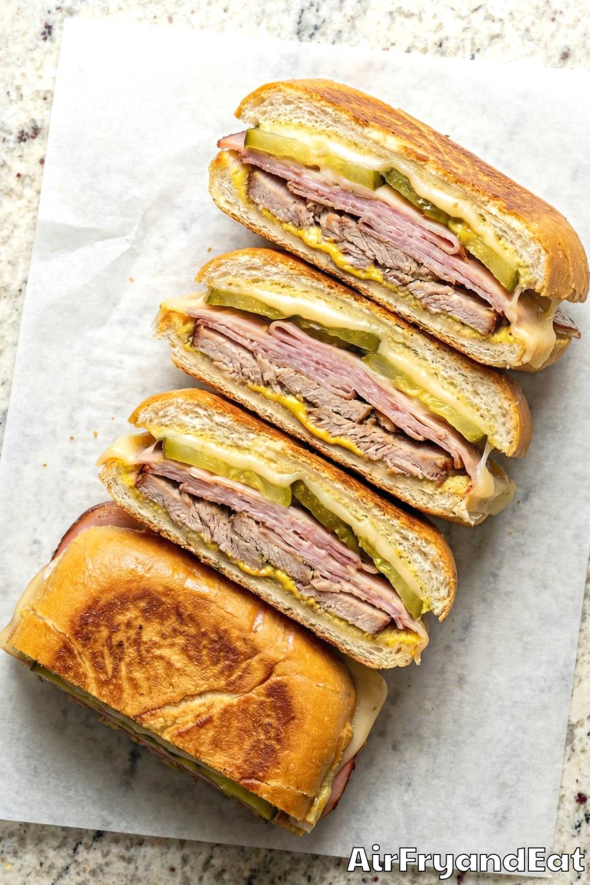 Savory air fryer Cuban sandwiches on a board