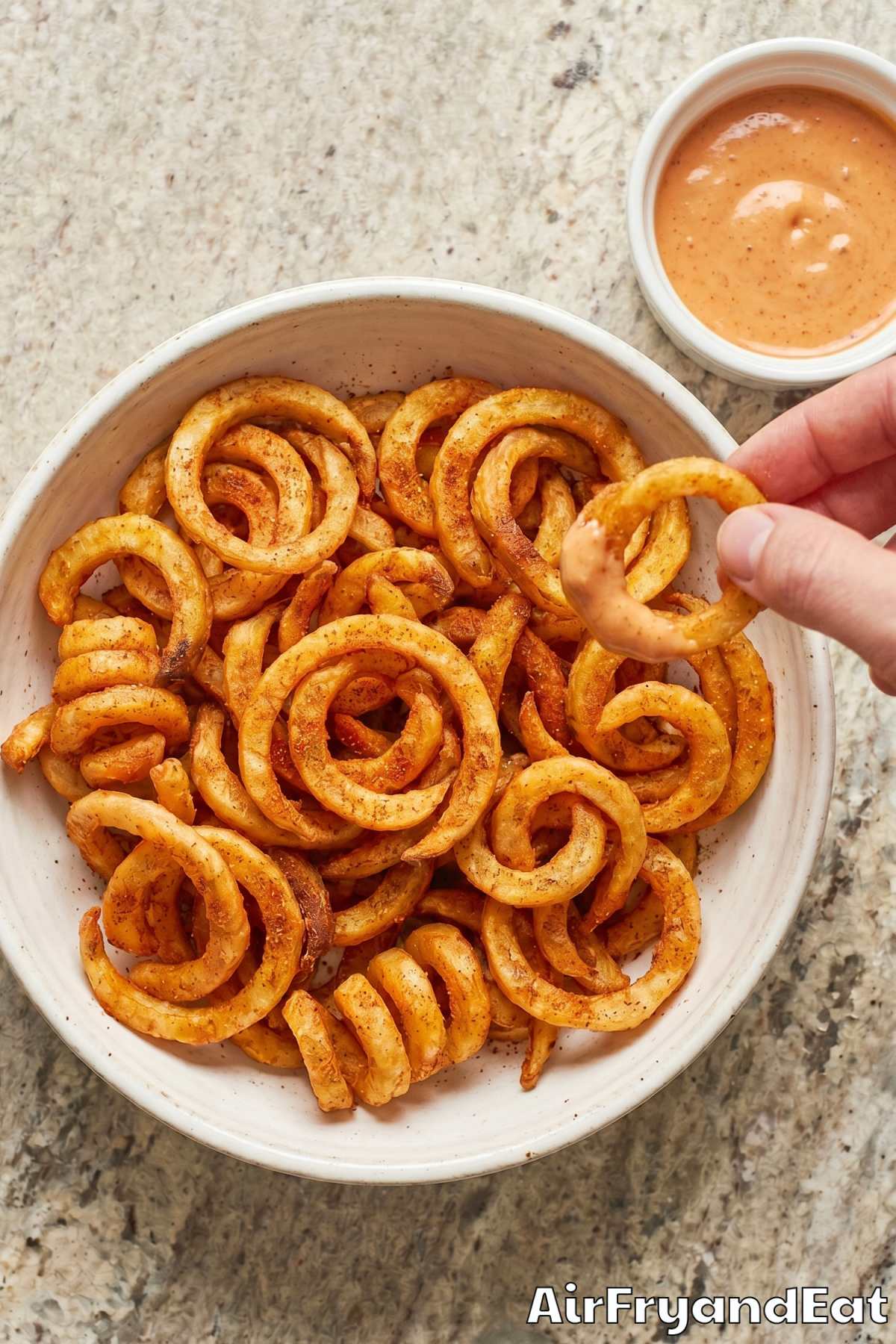 Seasoned air fryer curly fries served warm