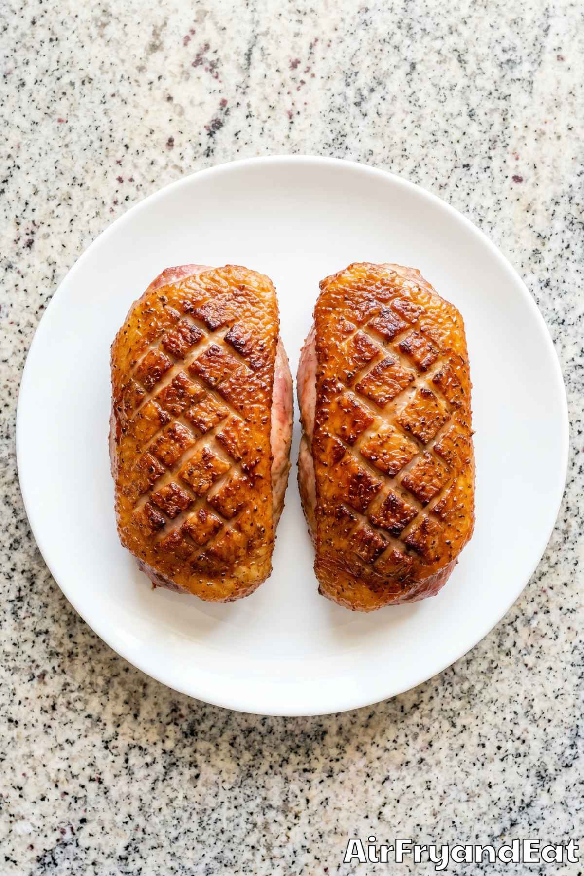 Juicy air fryer duck on a serving plate