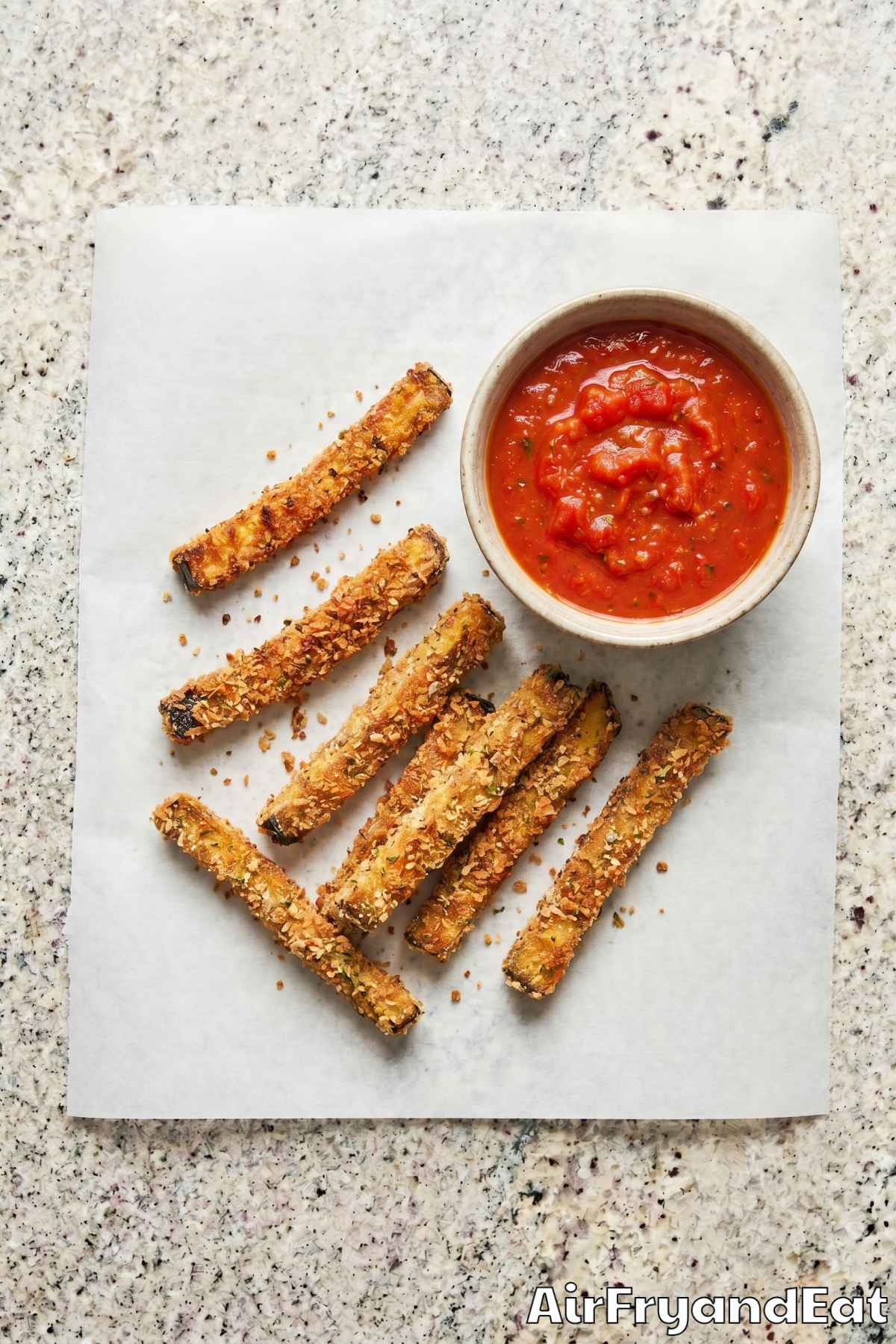 Seasoned air fryer eggplant fries stacked up