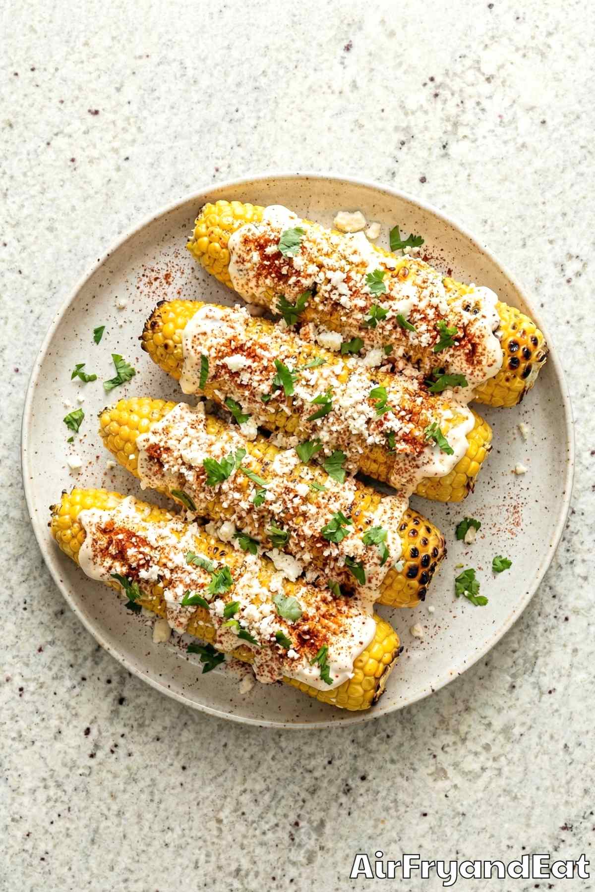 Creamy air fryer elote street corn closeup