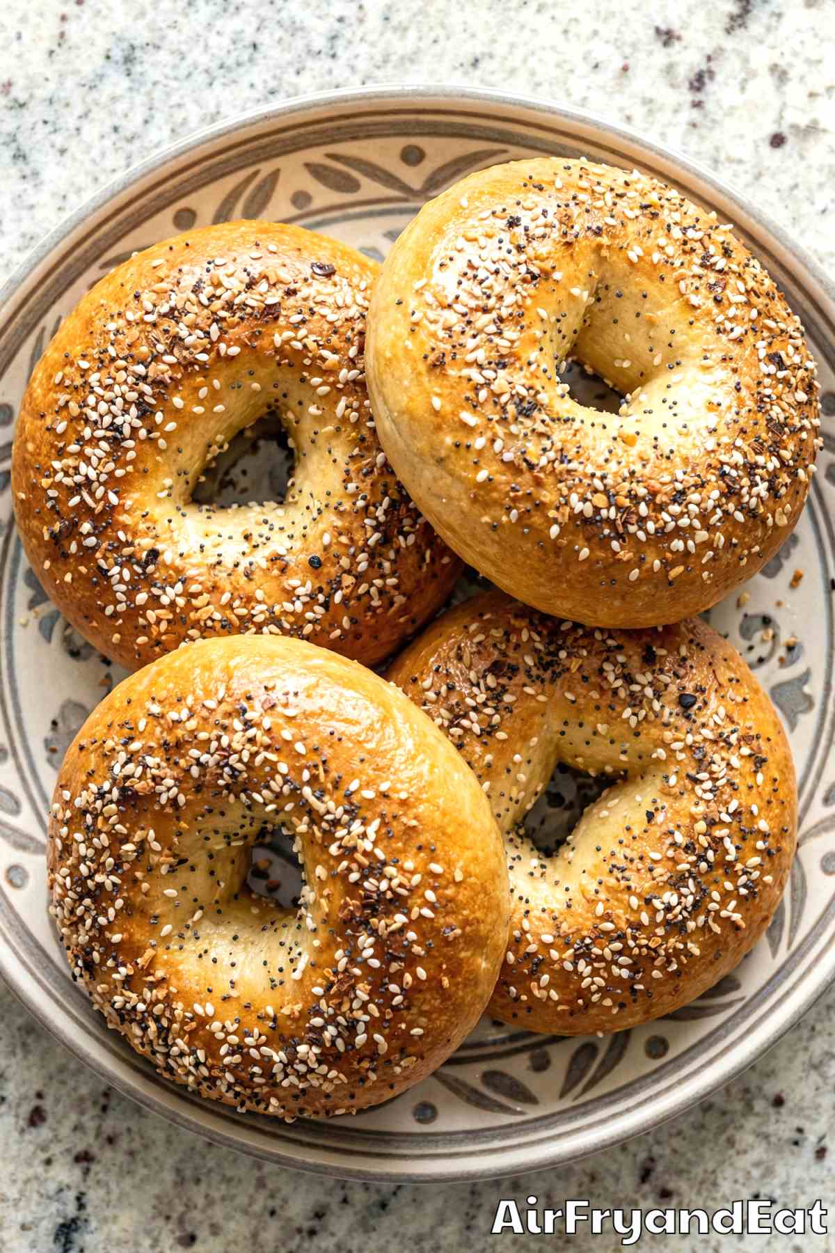 Perfect air fryer everything bagels stacked up