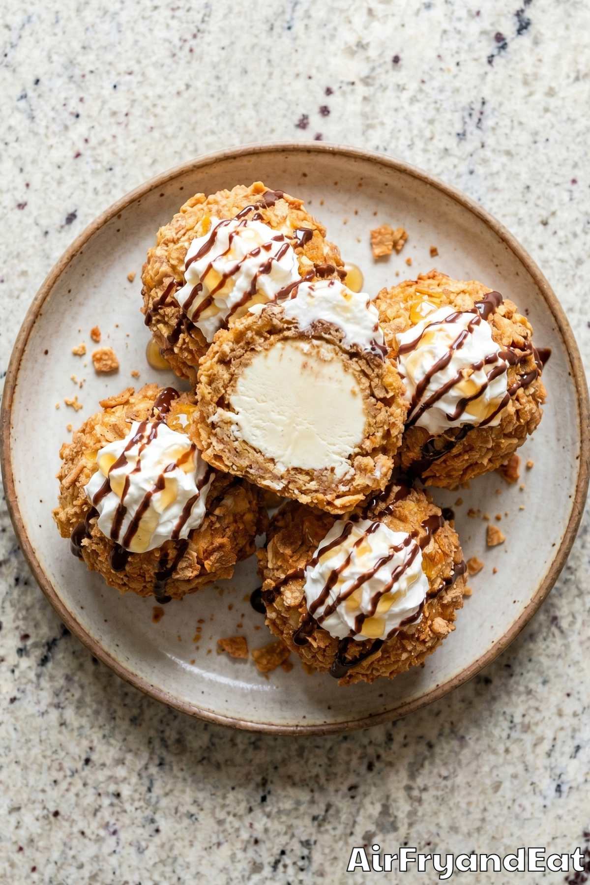 Decadent air fryer fried ice cream close-up