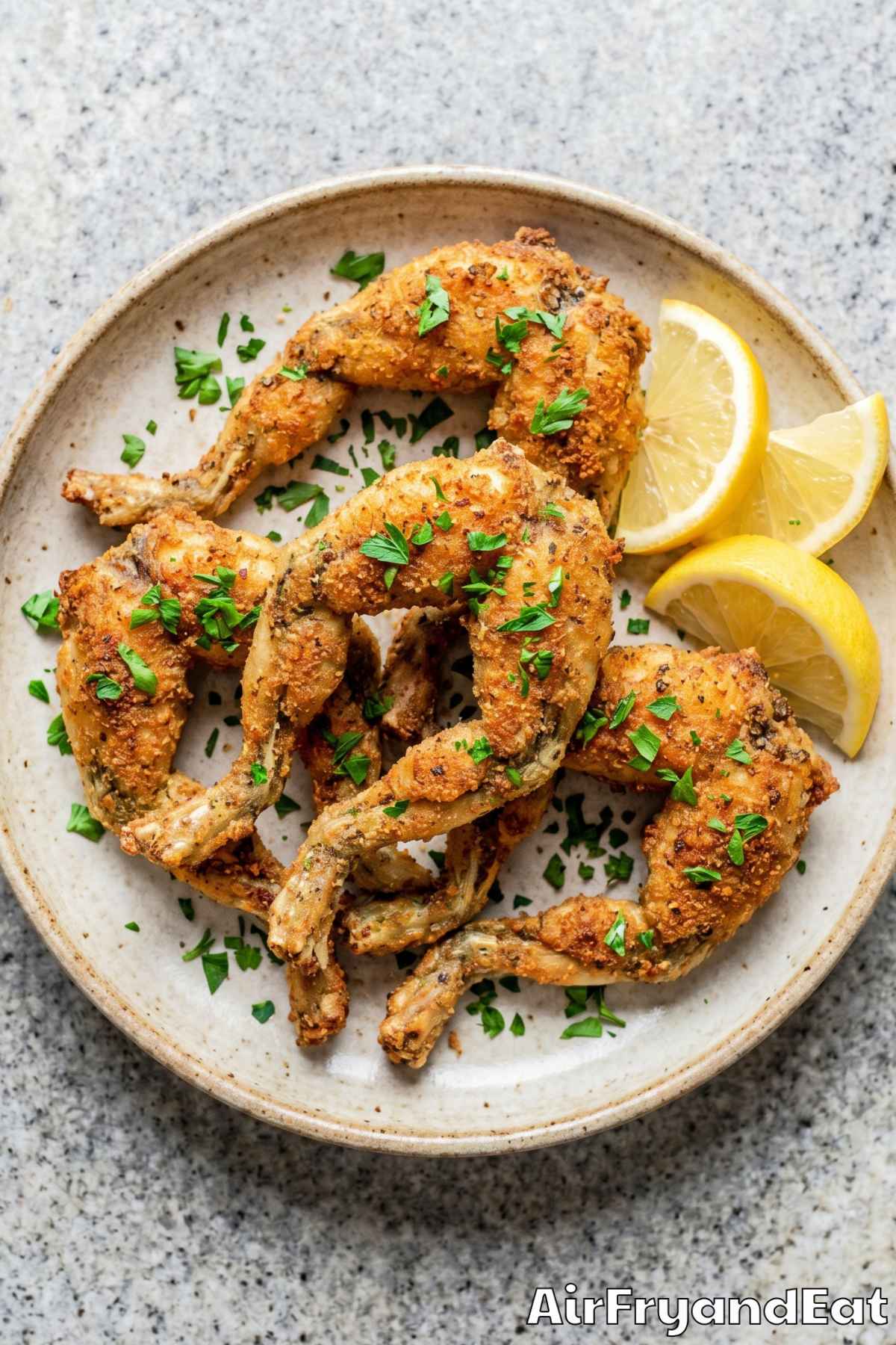Golden air fryer frog legs close-up