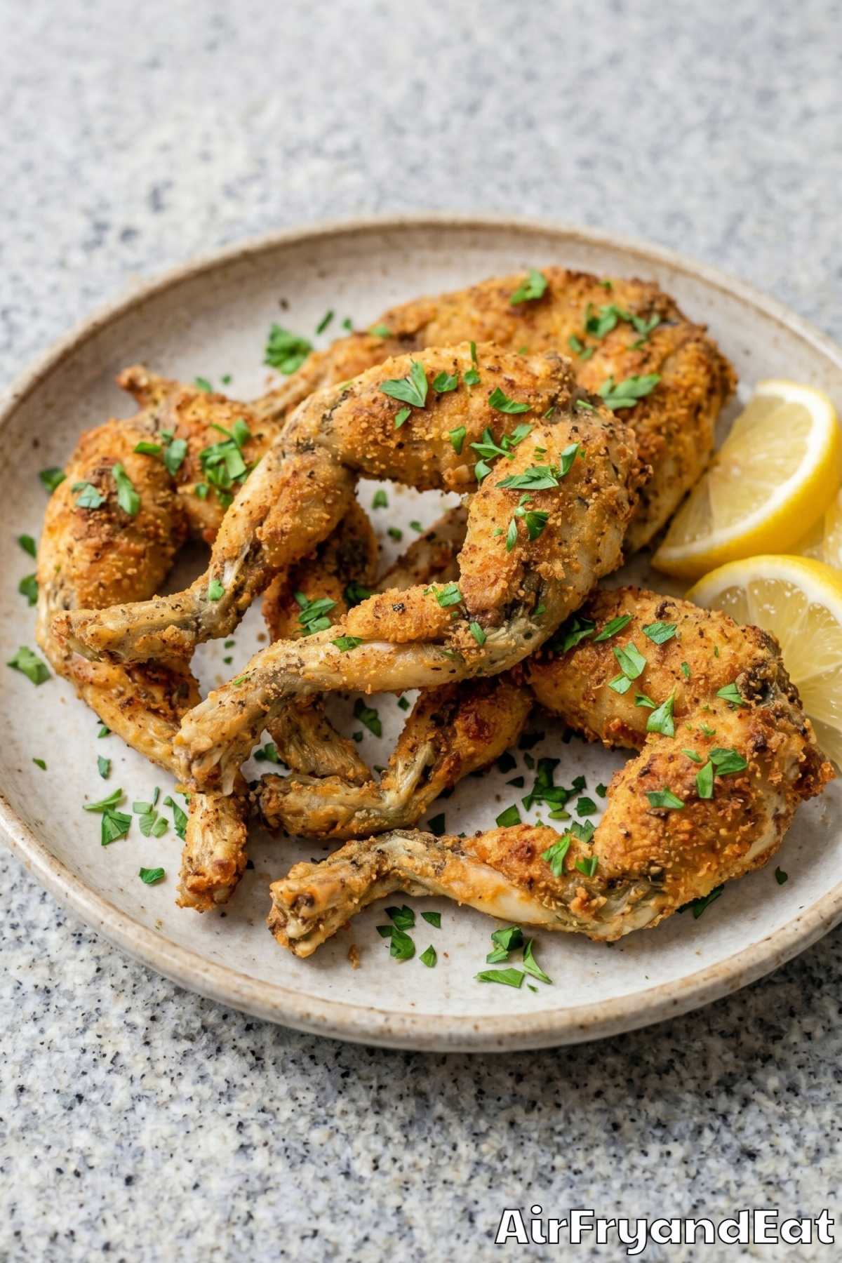 Tender air fryer frog legs ready to eat