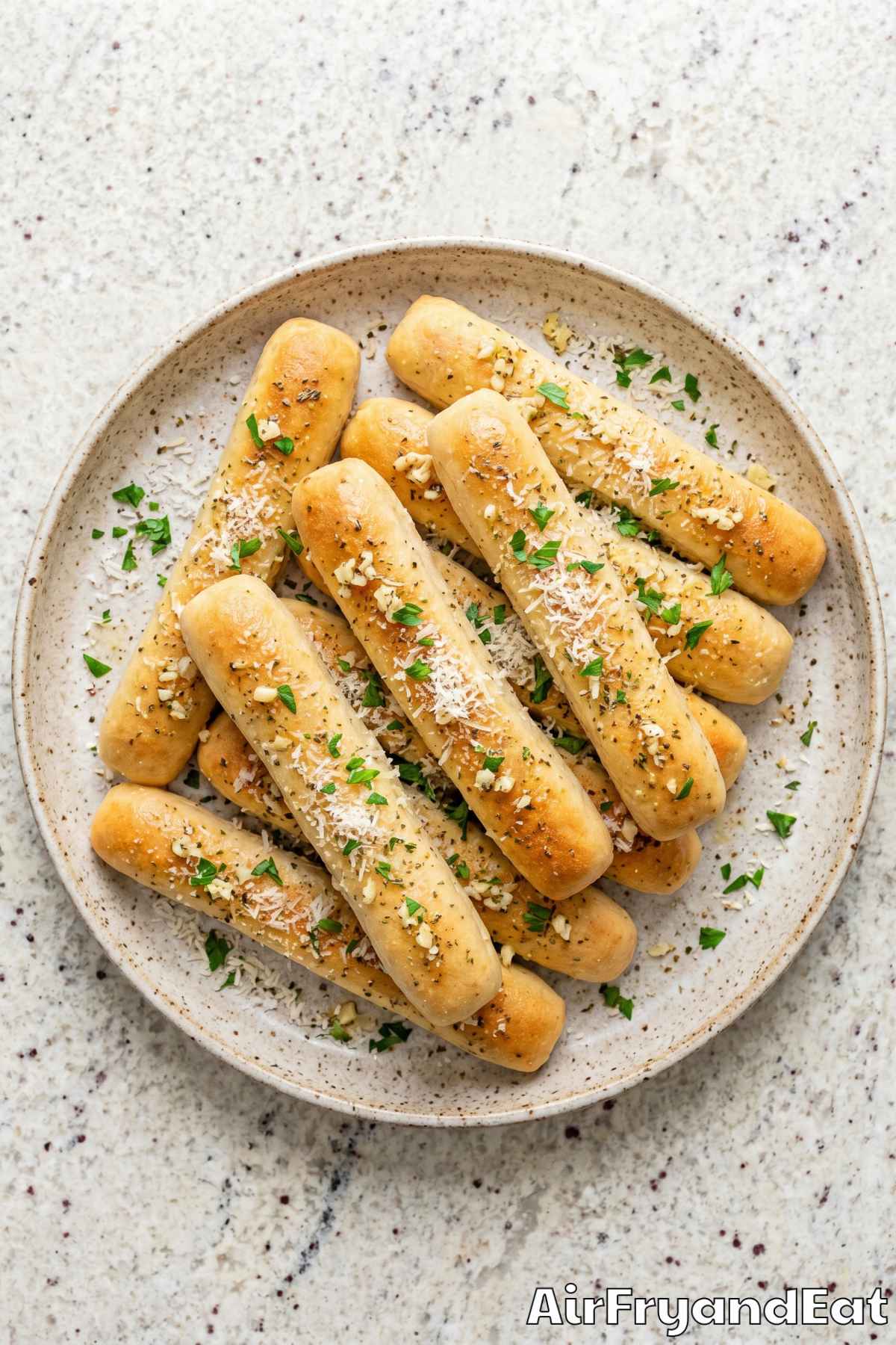 Toasty air fryer frozen breadsticks stacked up