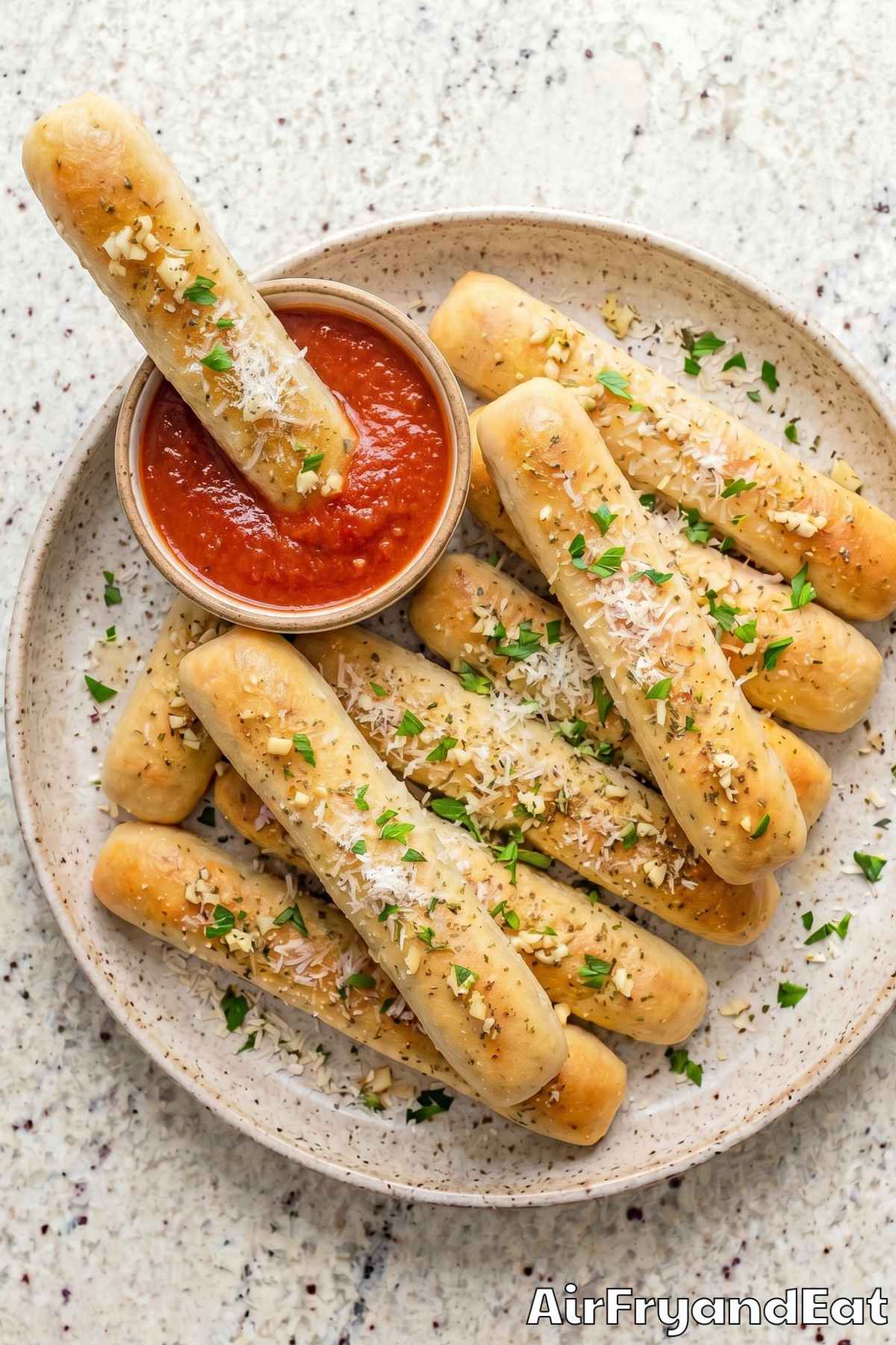 Perfect air fryer frozen breadsticks on a tray