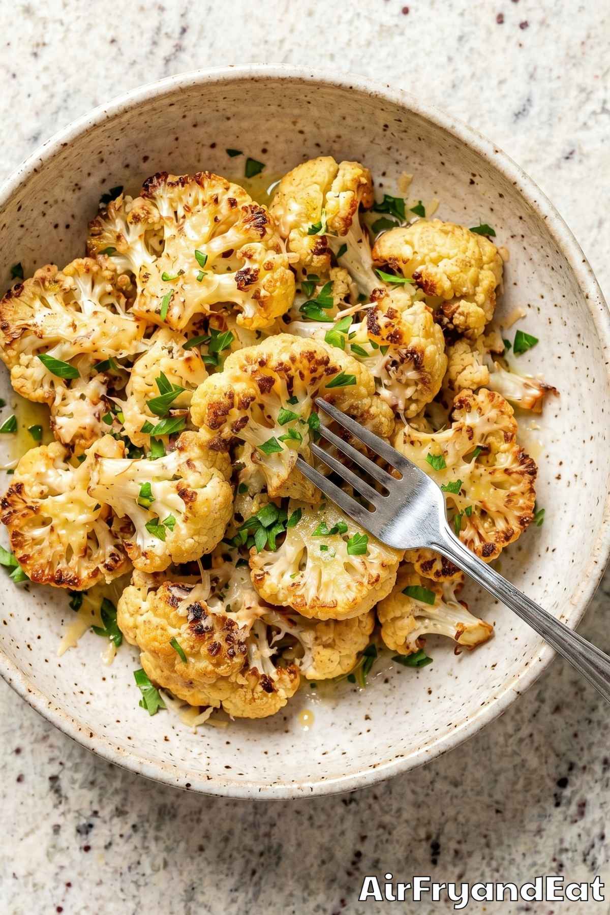 Savory air fryer frozen cauliflower close-up
