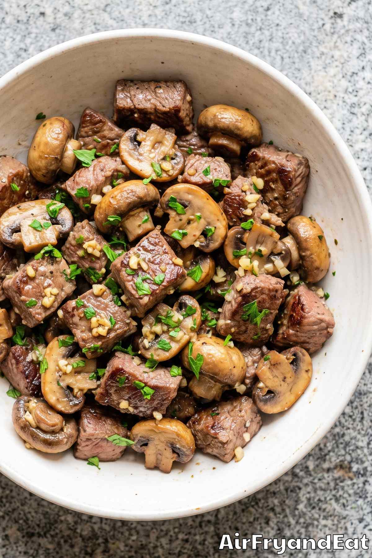 Tender air fryer steak and mushrooms