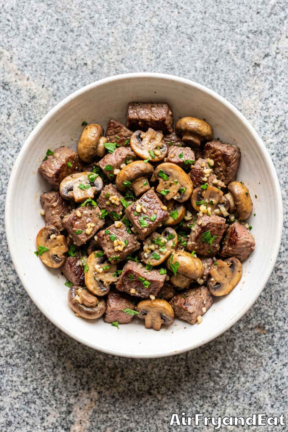 Juicy air fryer steak with mushrooms