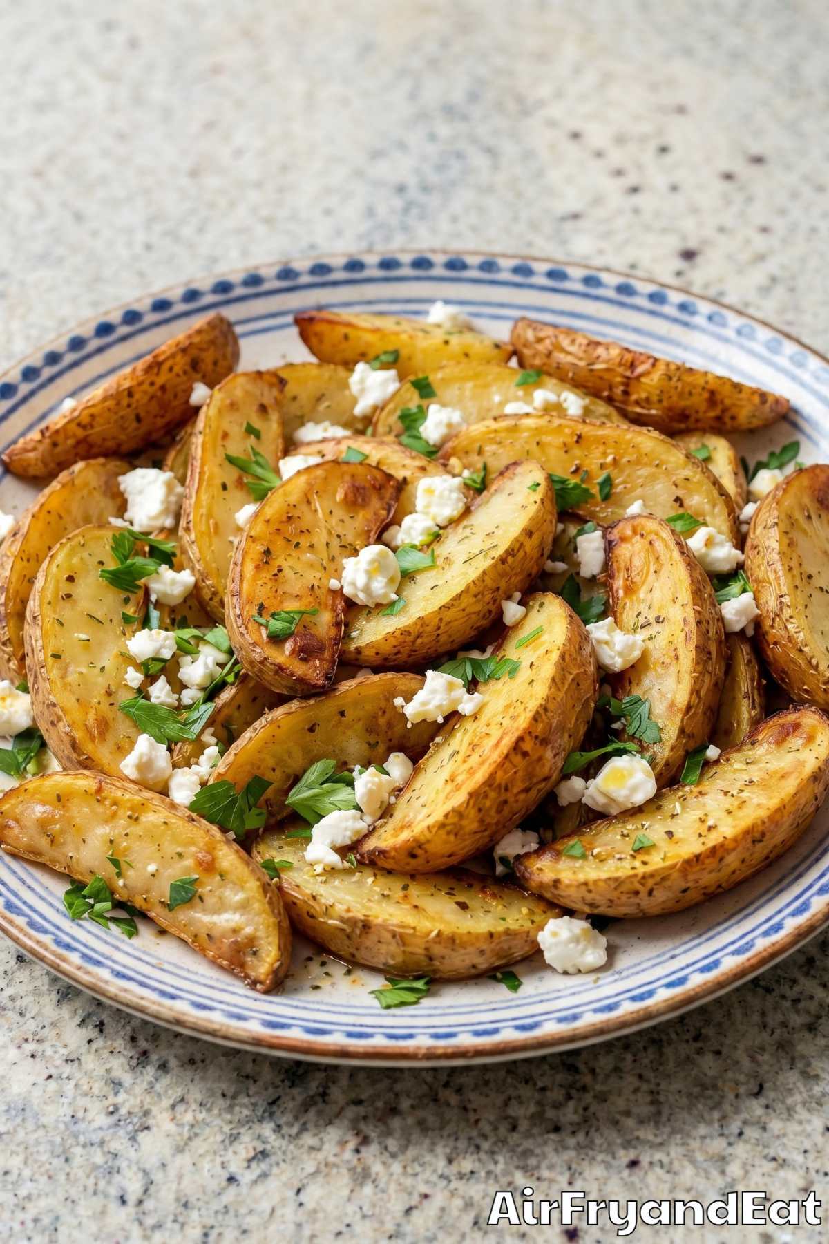 Rustic air fryer Greek potatoes on a platter