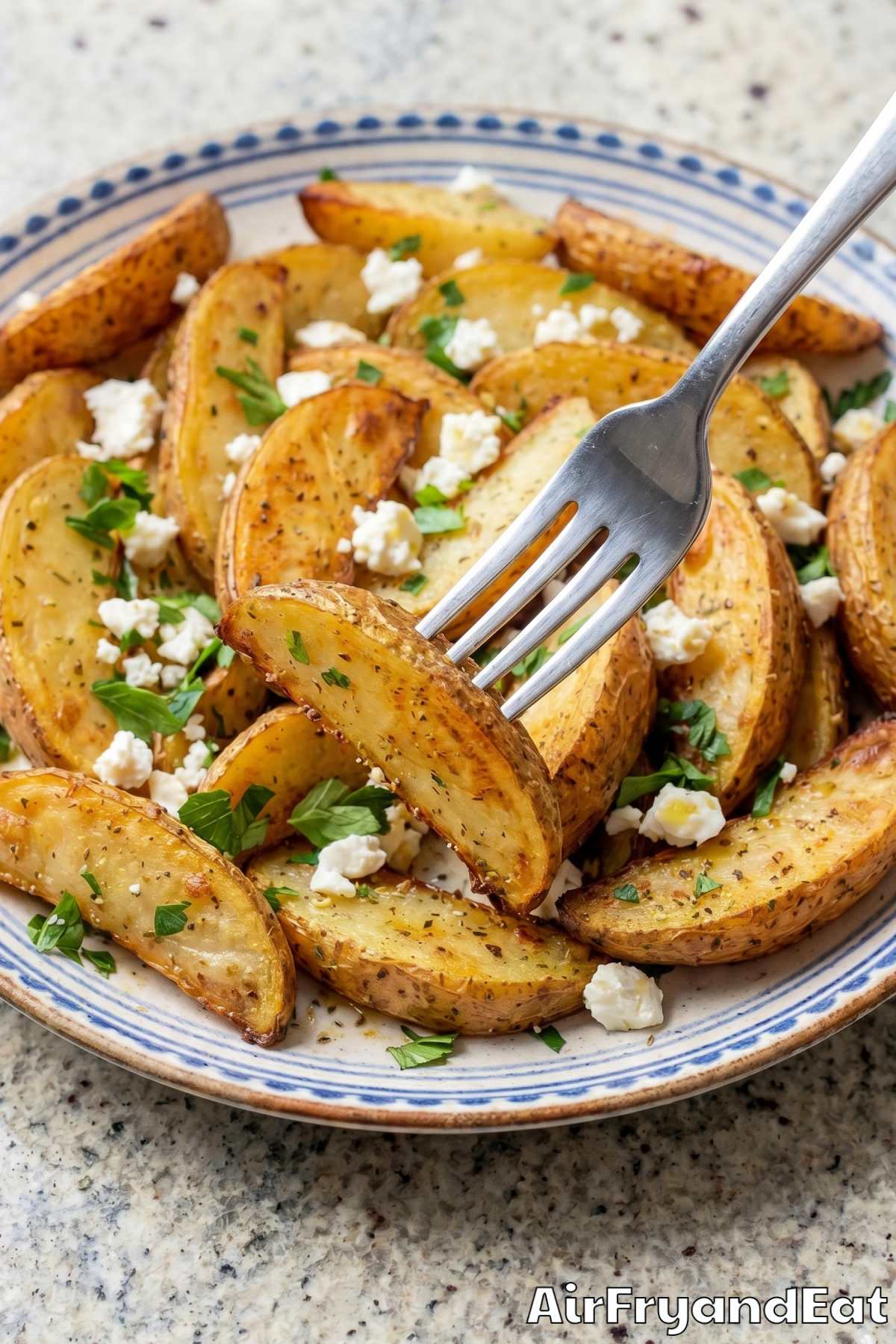 Savory air fryer Greek potatoes ready to serve