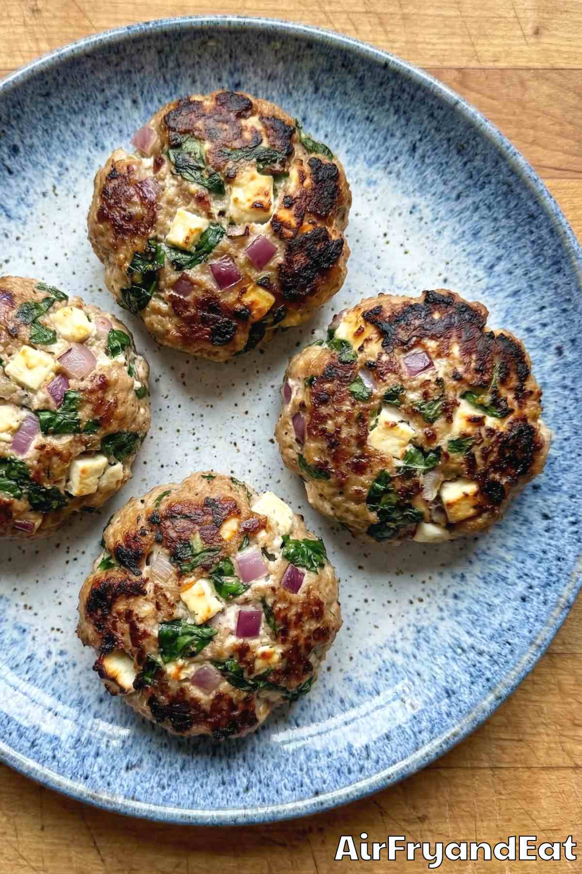 savory air fryer Greek turkey burgers close up