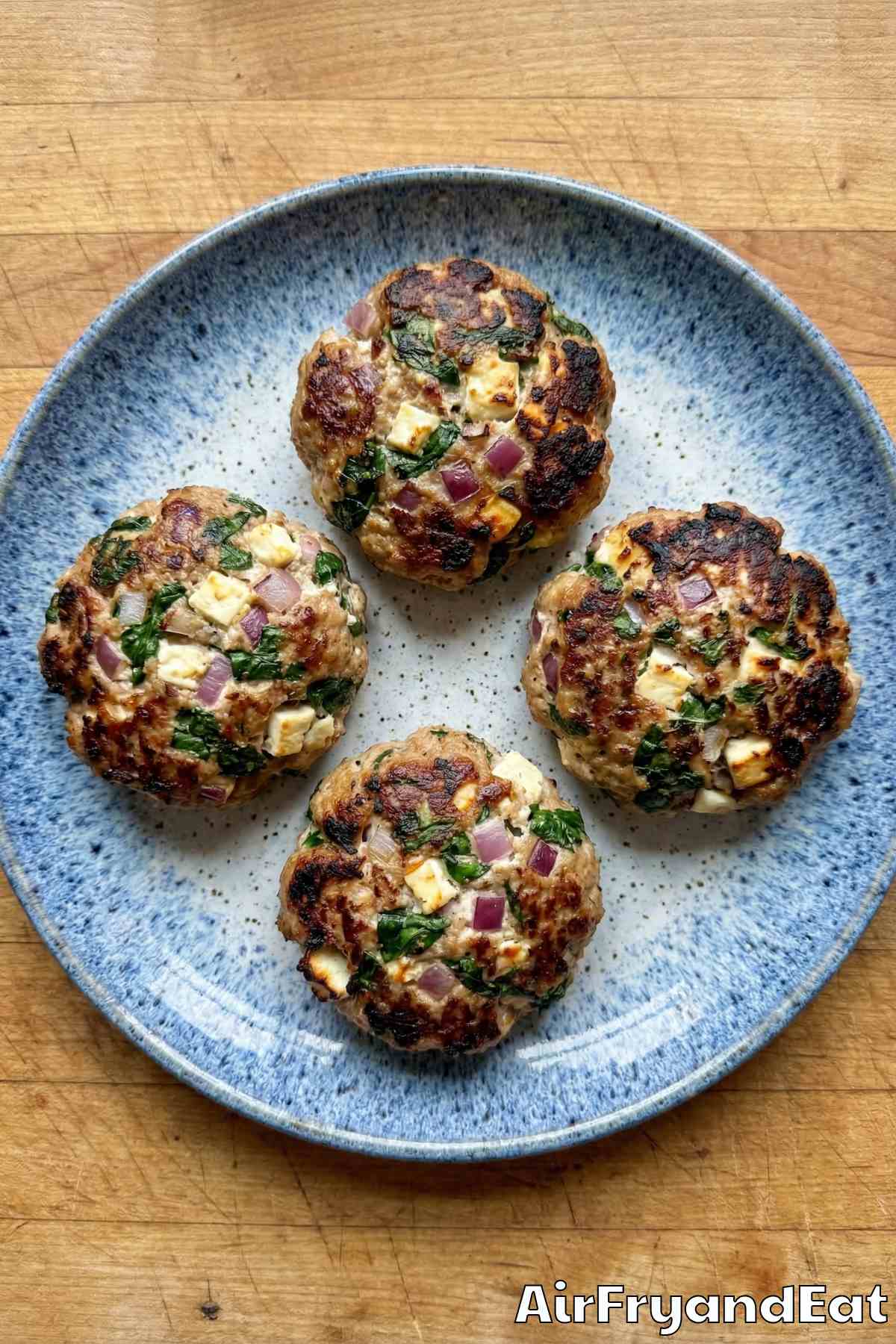 flavorful air fryer Greek turkey burgers stacked