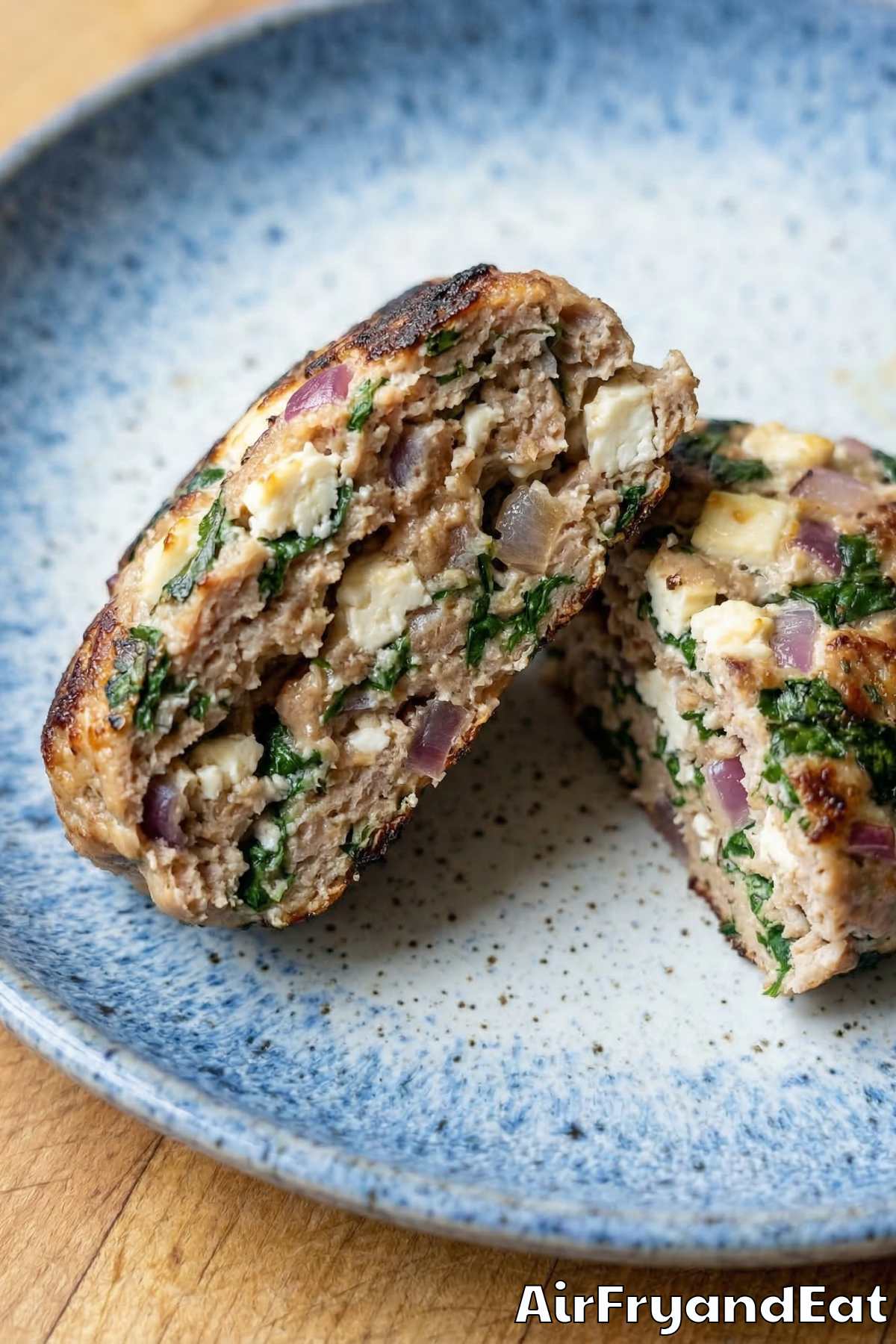 fresh air fryer Greek turkey burgers on a bun