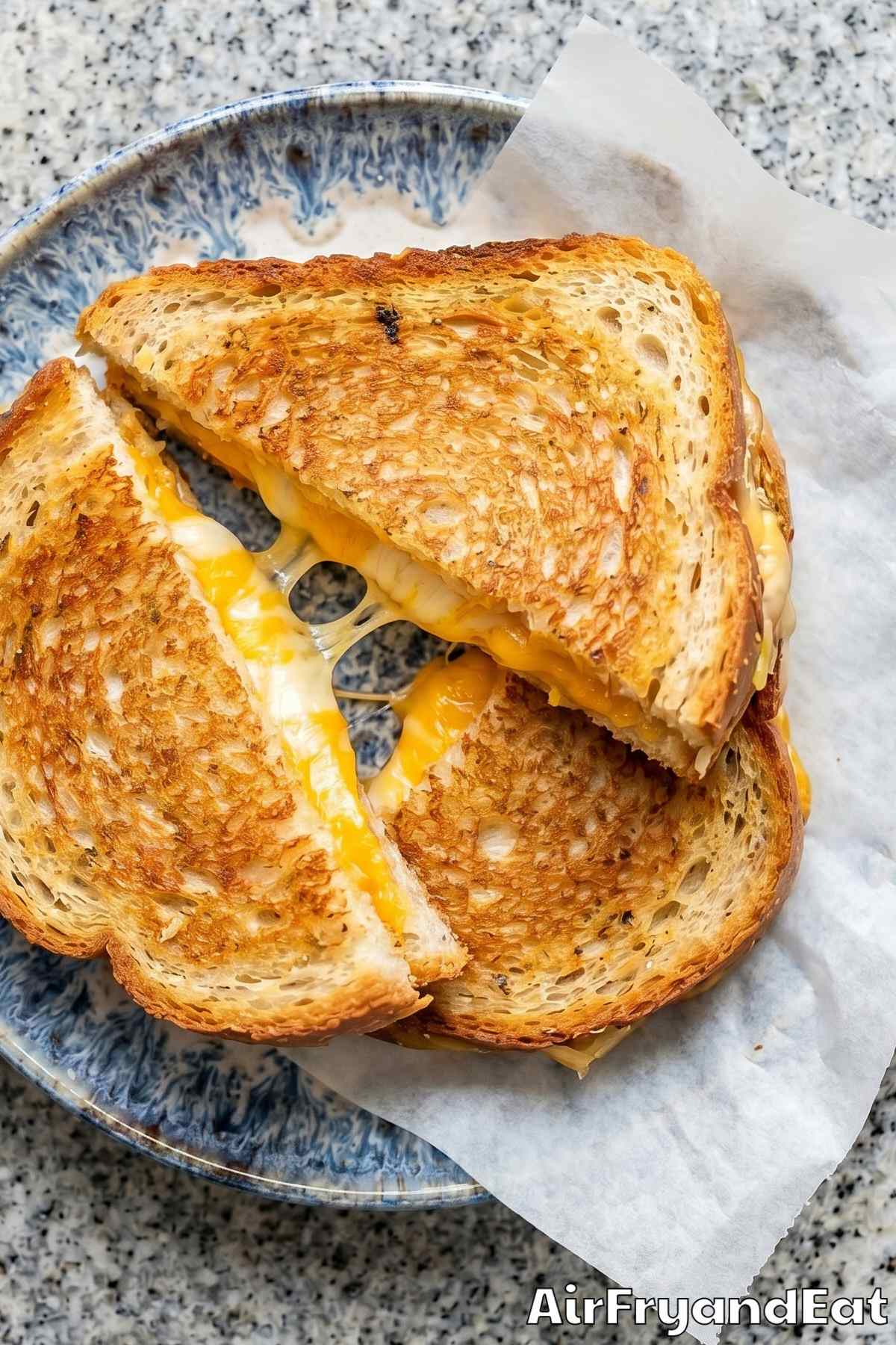 Buttery air fryer grilled cheese close-up