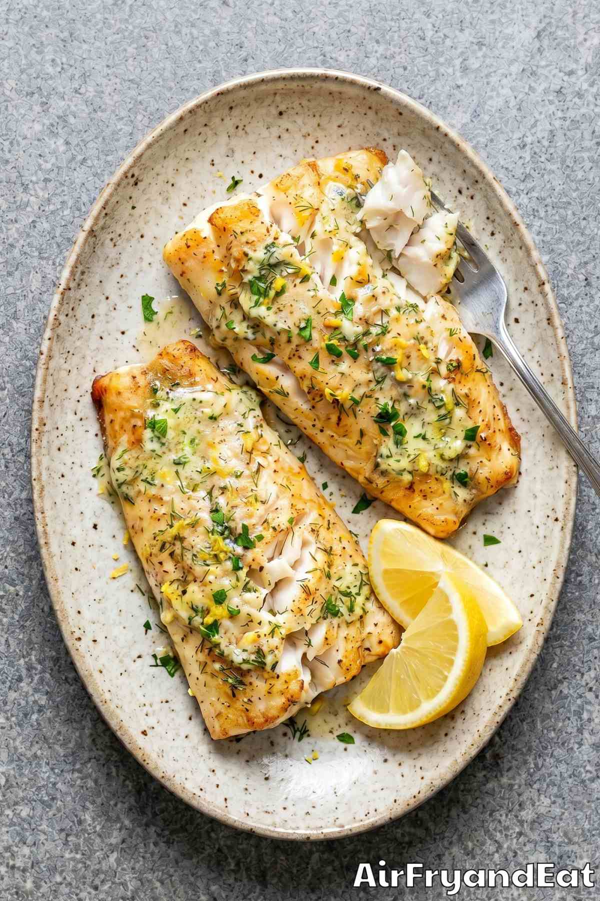Tender air fryer halibut close-up
