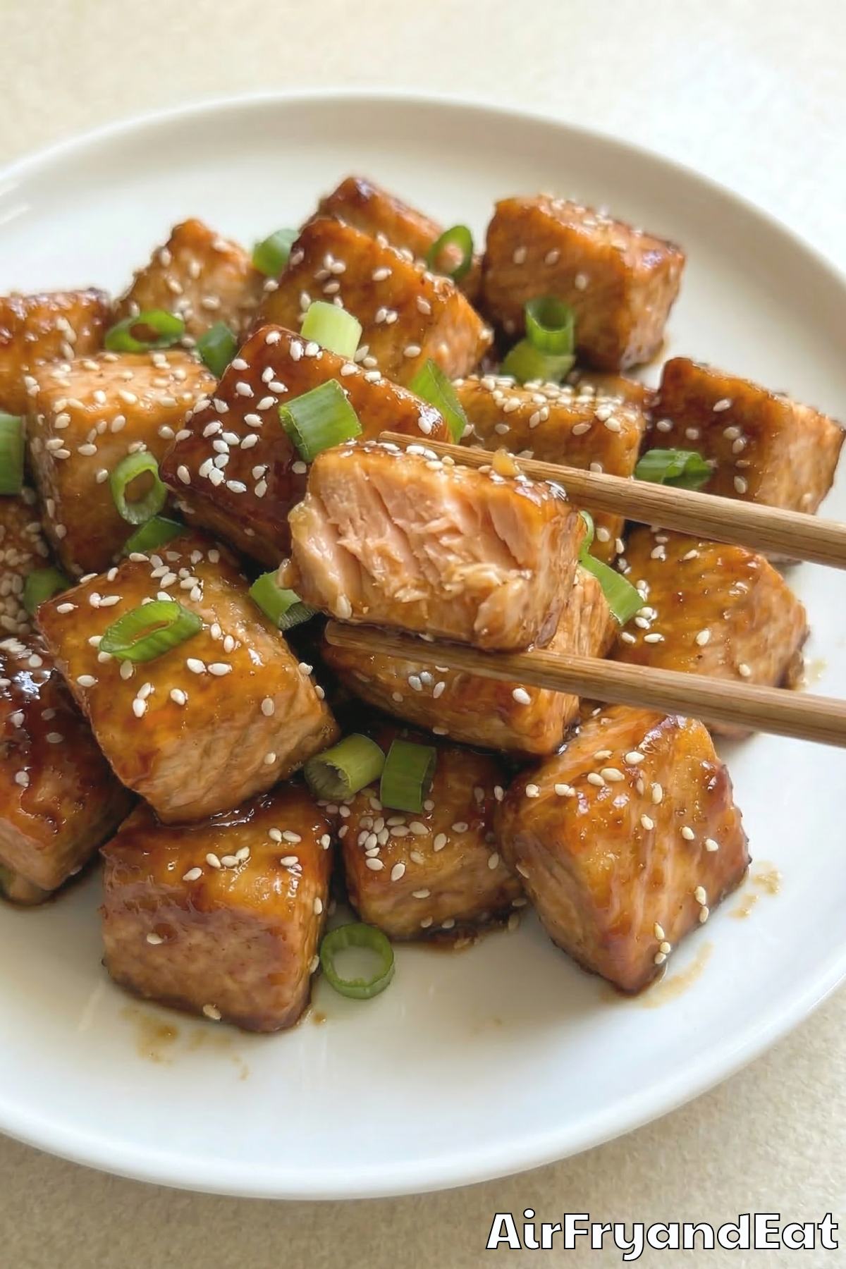 Crispy air fryer honey garlic salmon bites