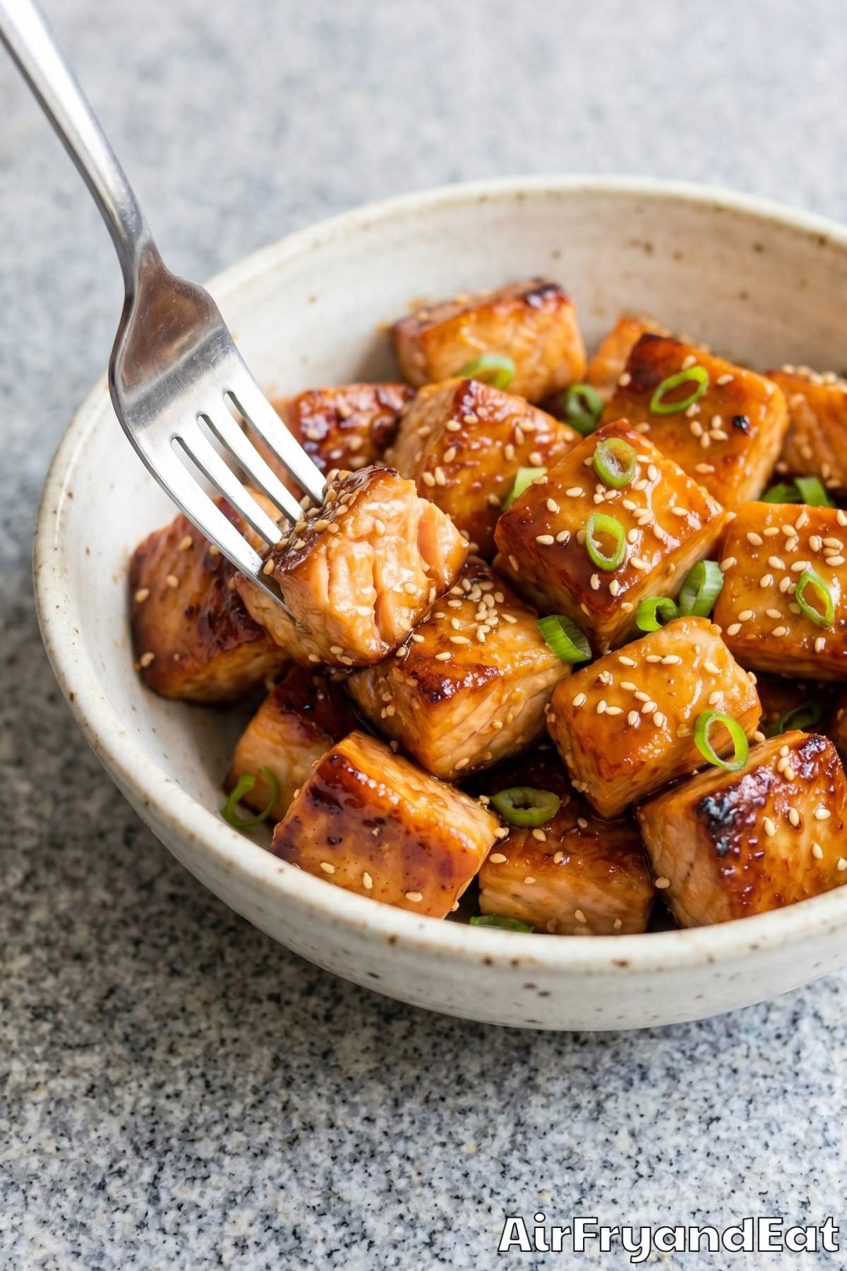 Sticky honey garlic glazed salmon bites