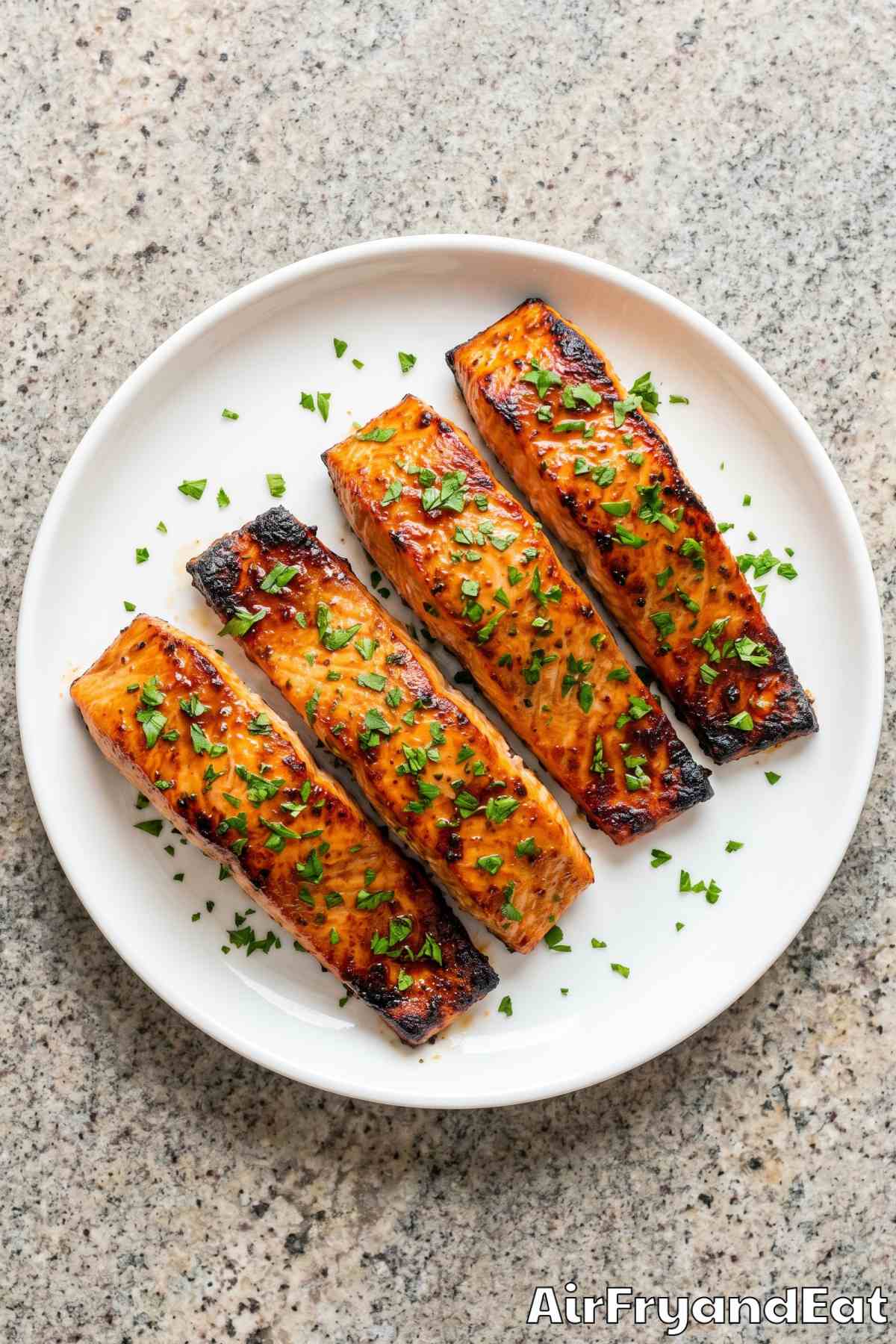 Tender air fryer honey garlic salmon on plate