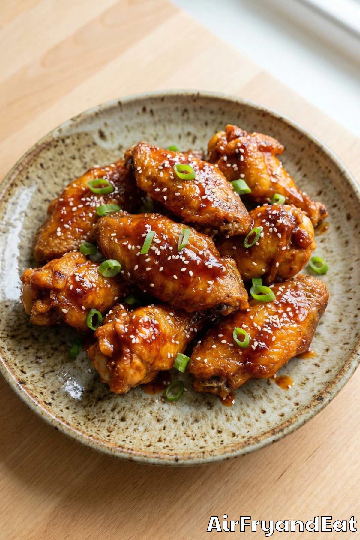 Juicy air fryer honey sriracha wings on a plate