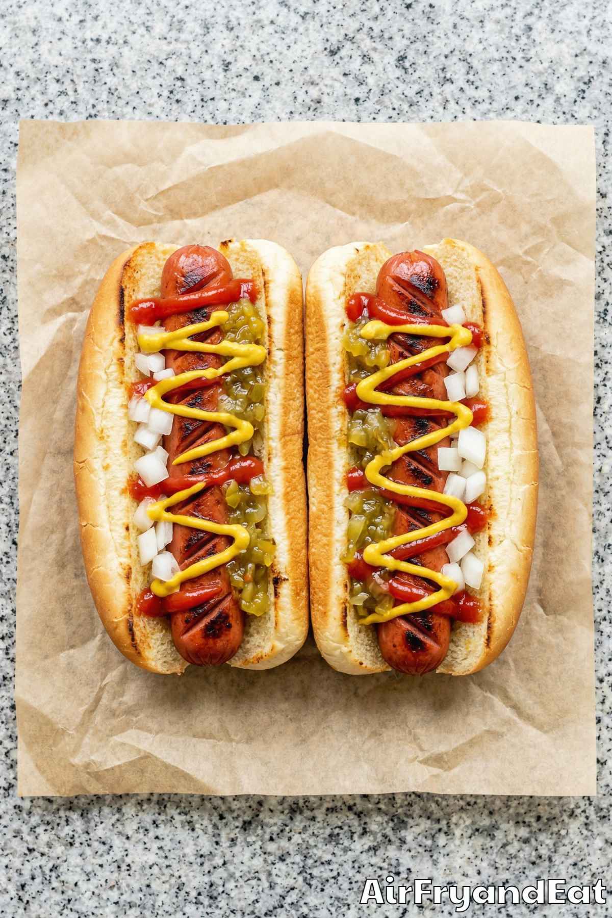 Classic air fryer hot dogs close up