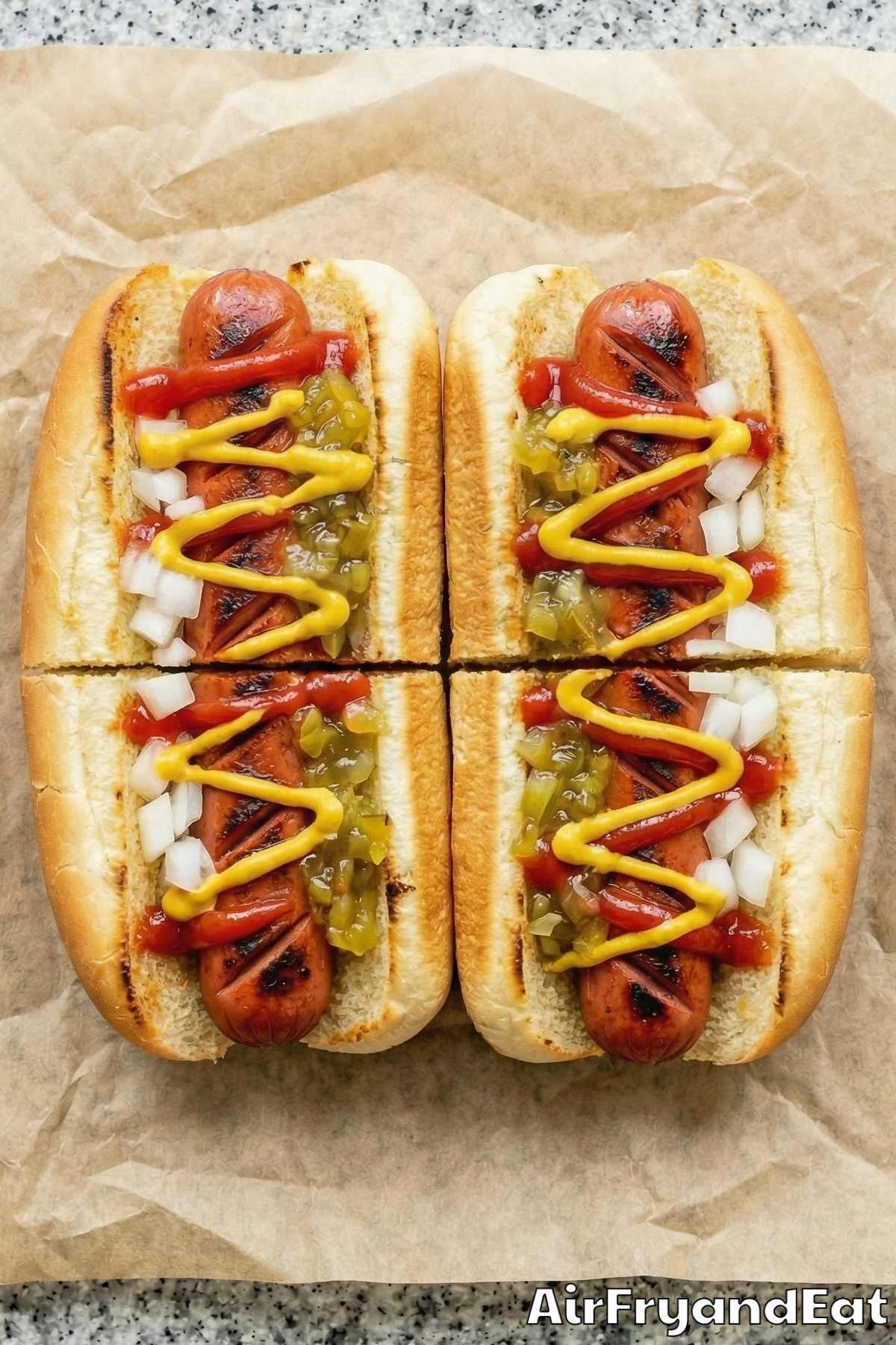 Warm air fryer hot dogs in soft buns