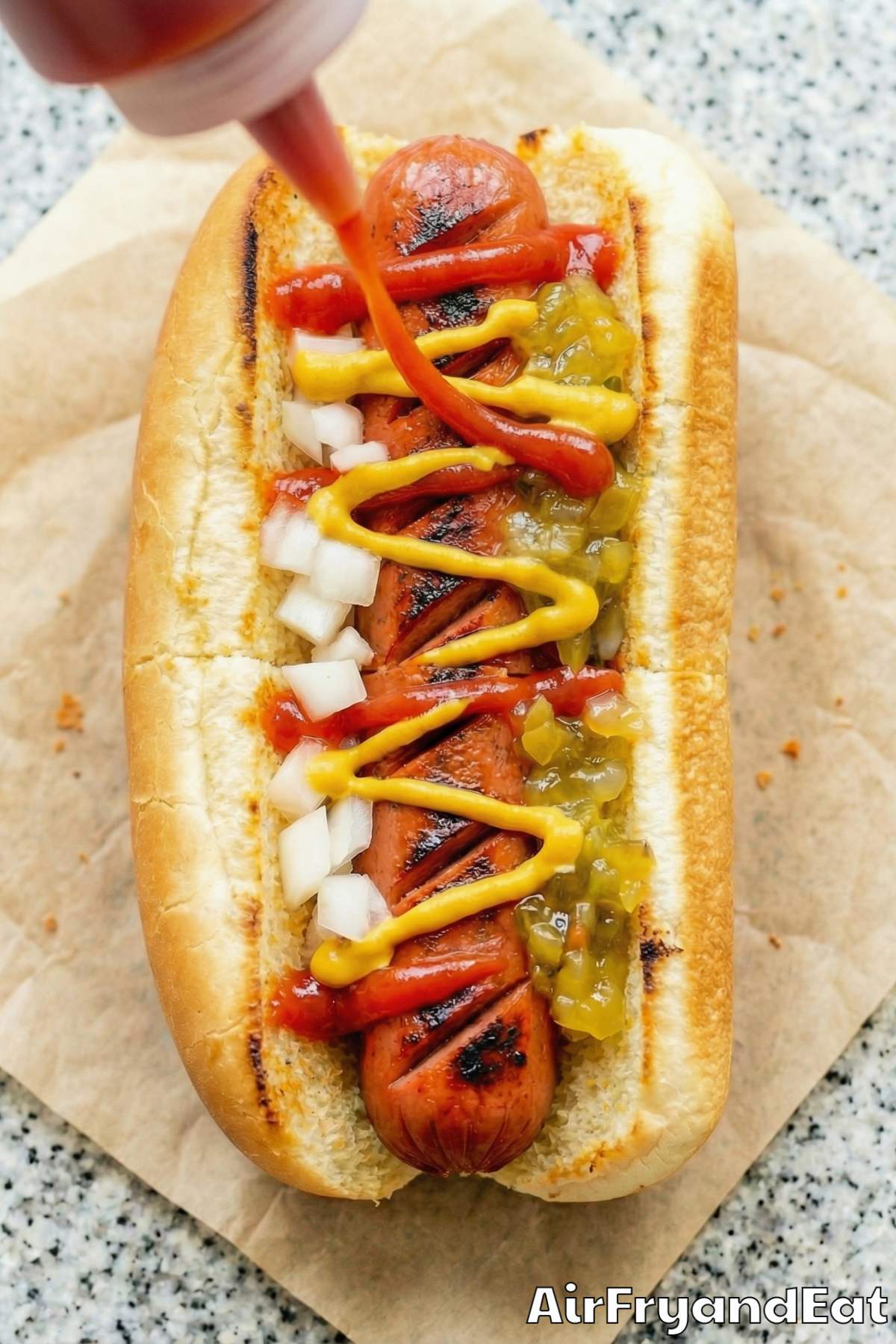 Simple air fryer hot dogs with ketchup