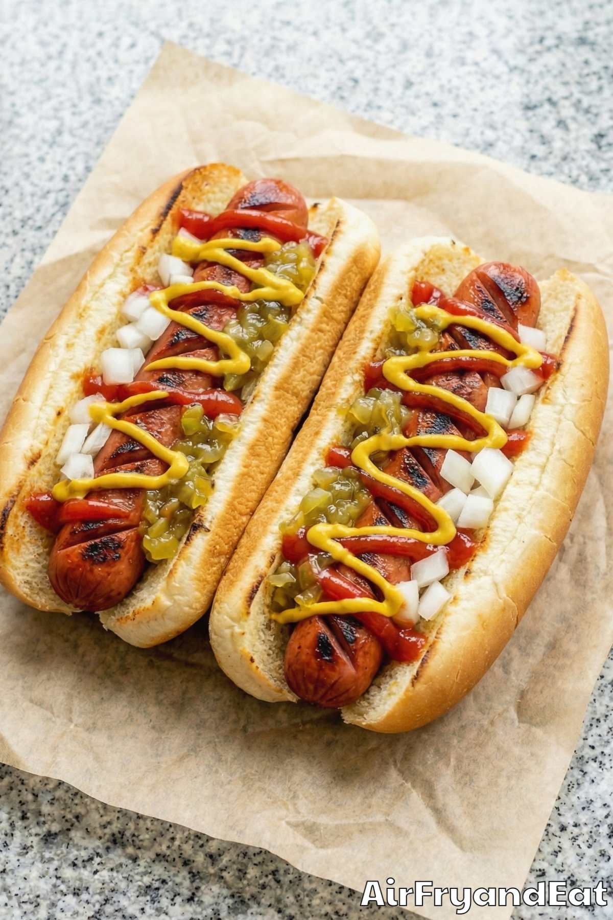 Golden air fryer hot dogs in buns