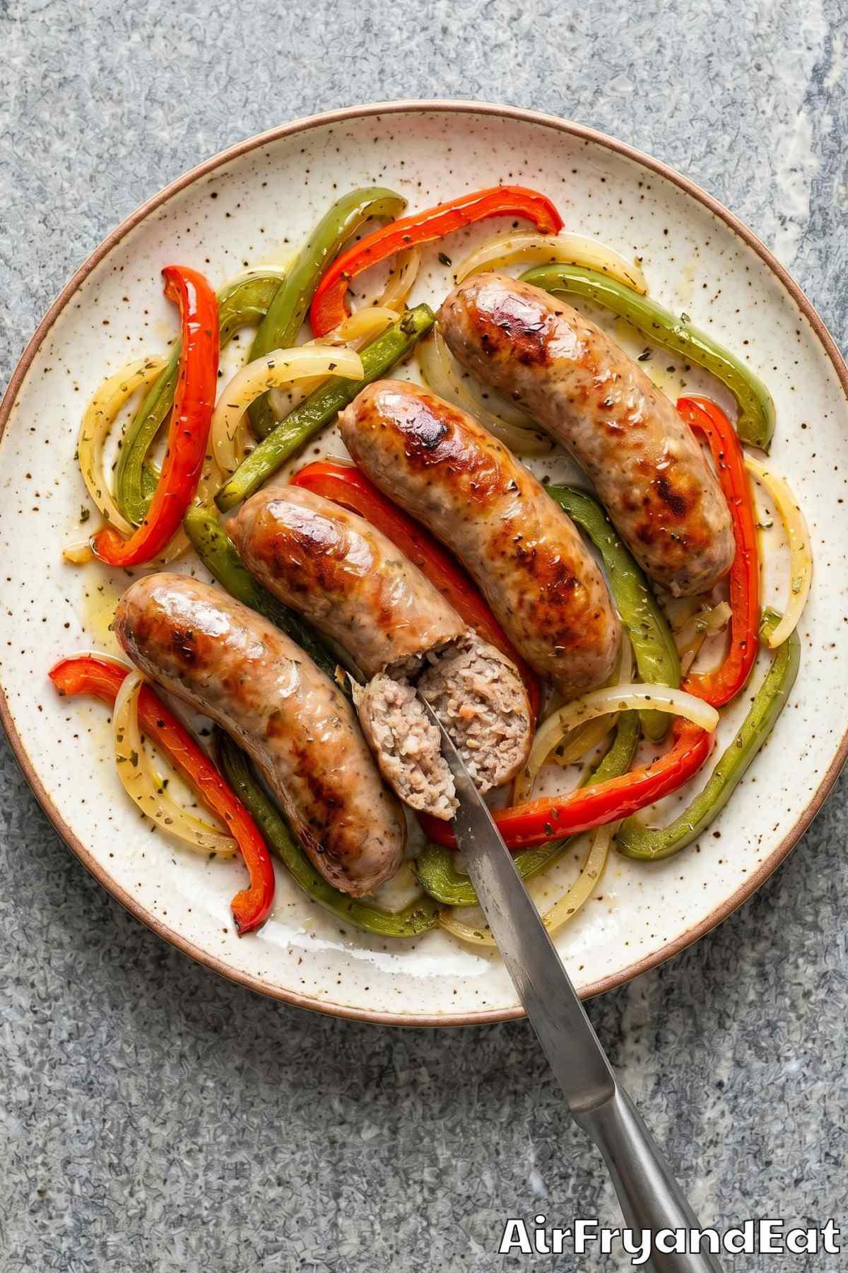 Tender air fryer Italian sausage with char marks