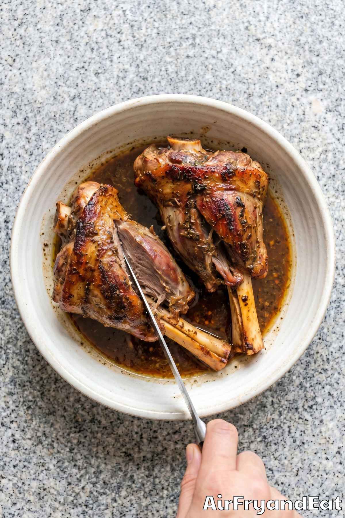 tender air fryer lamb shanks on a plate