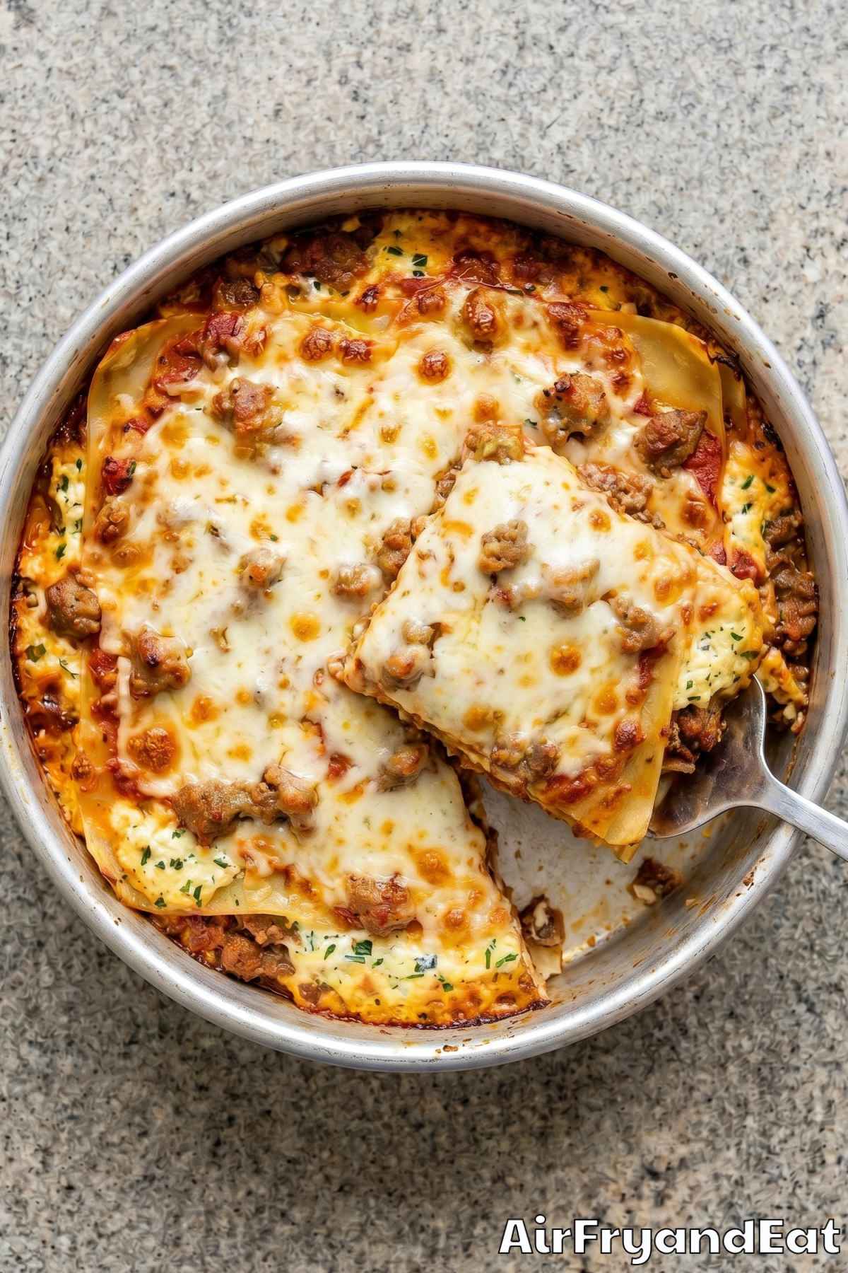 Hearty air fryer lasagna with melted cheese