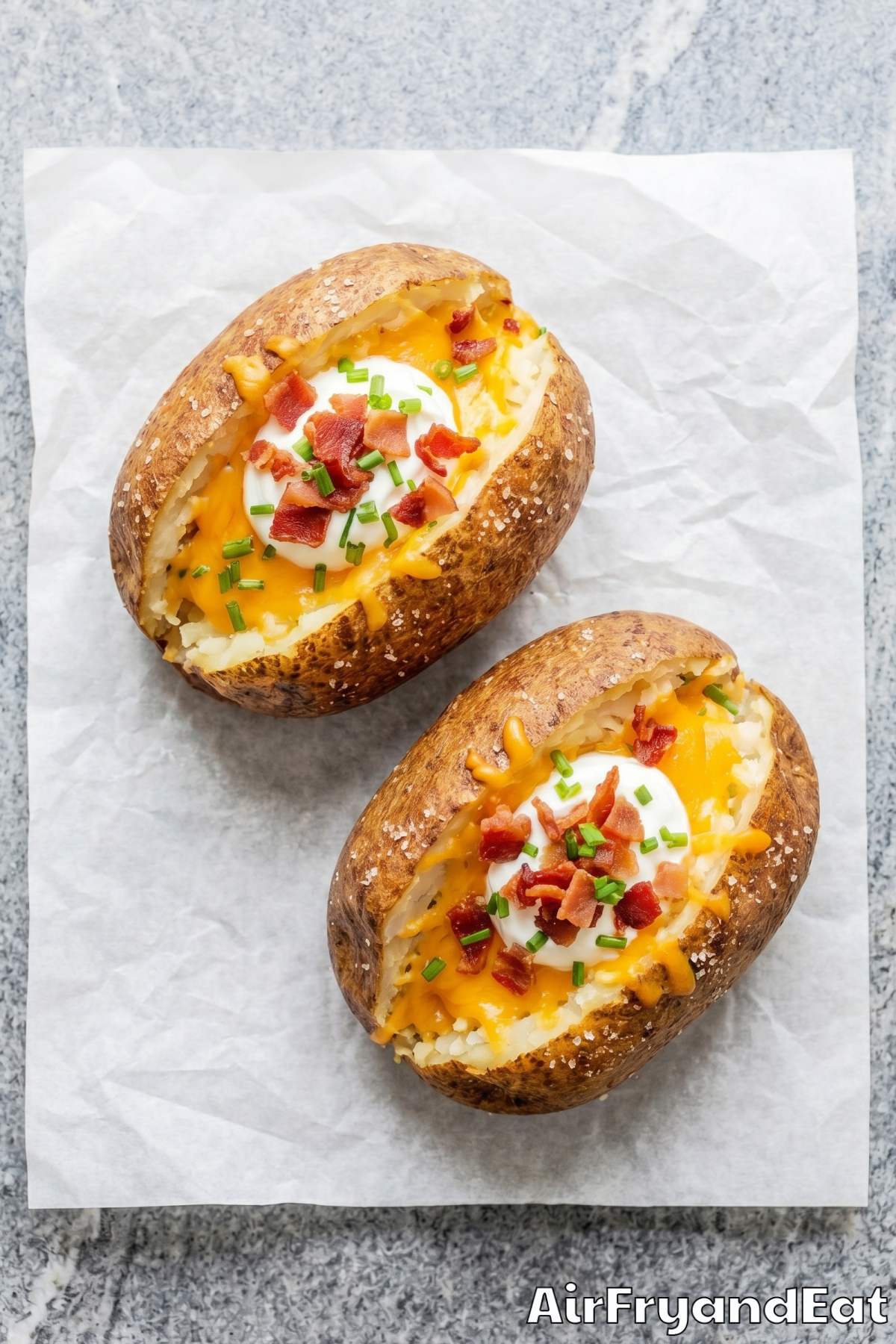 Golden air fryer loaded baked potatoes