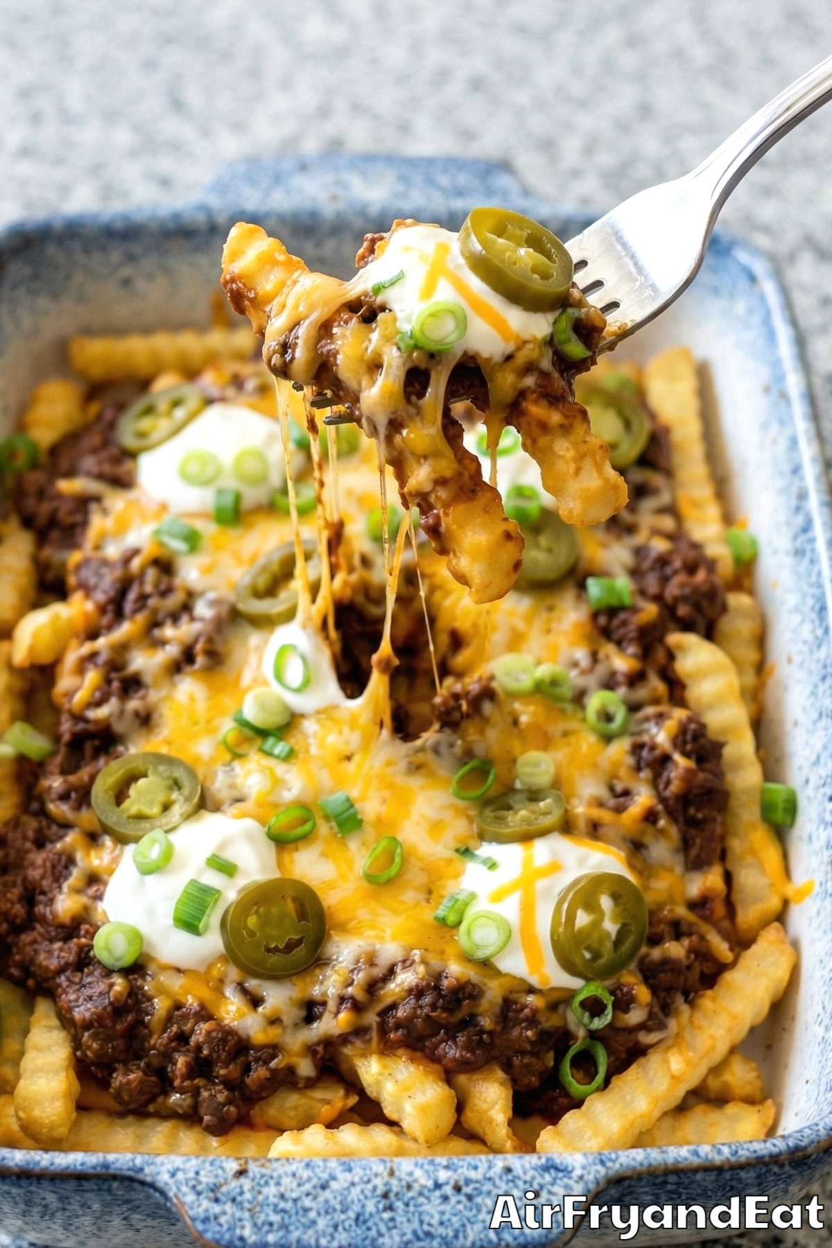 Comforting loaded chili cheese fries