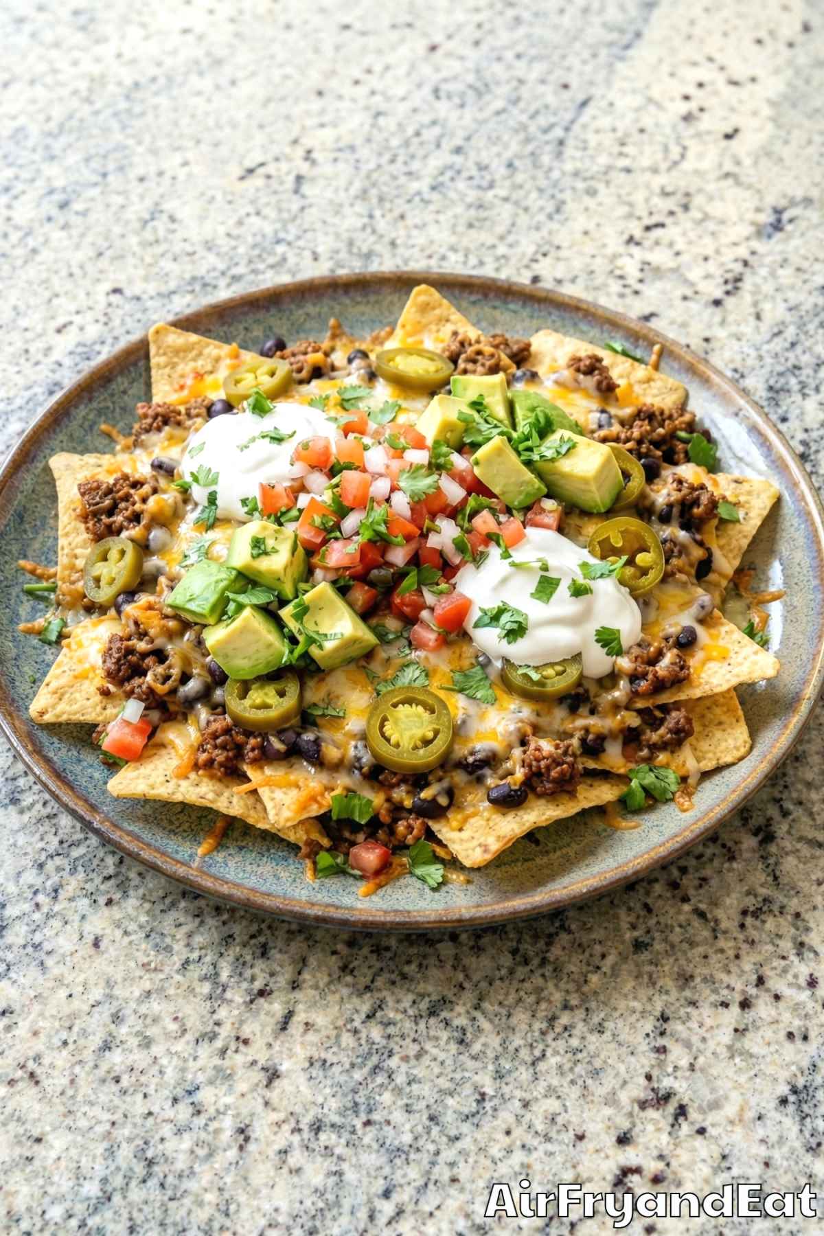 Crunchy air fryer loaded nachos piled high