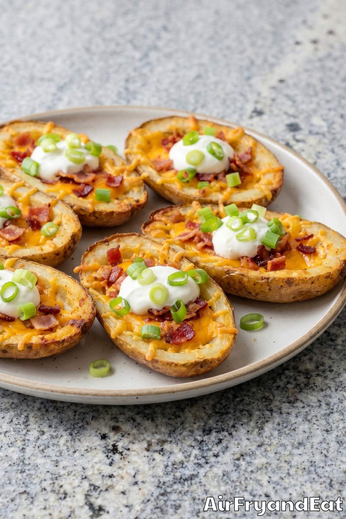 warm cheesy loaded potato skins close up