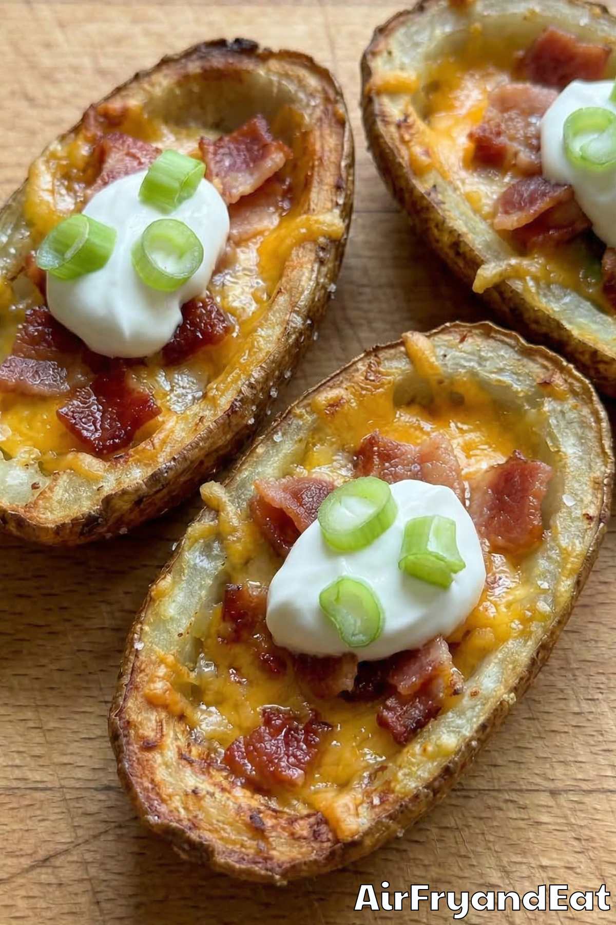 Savory air fryer loaded potato skins with cheese