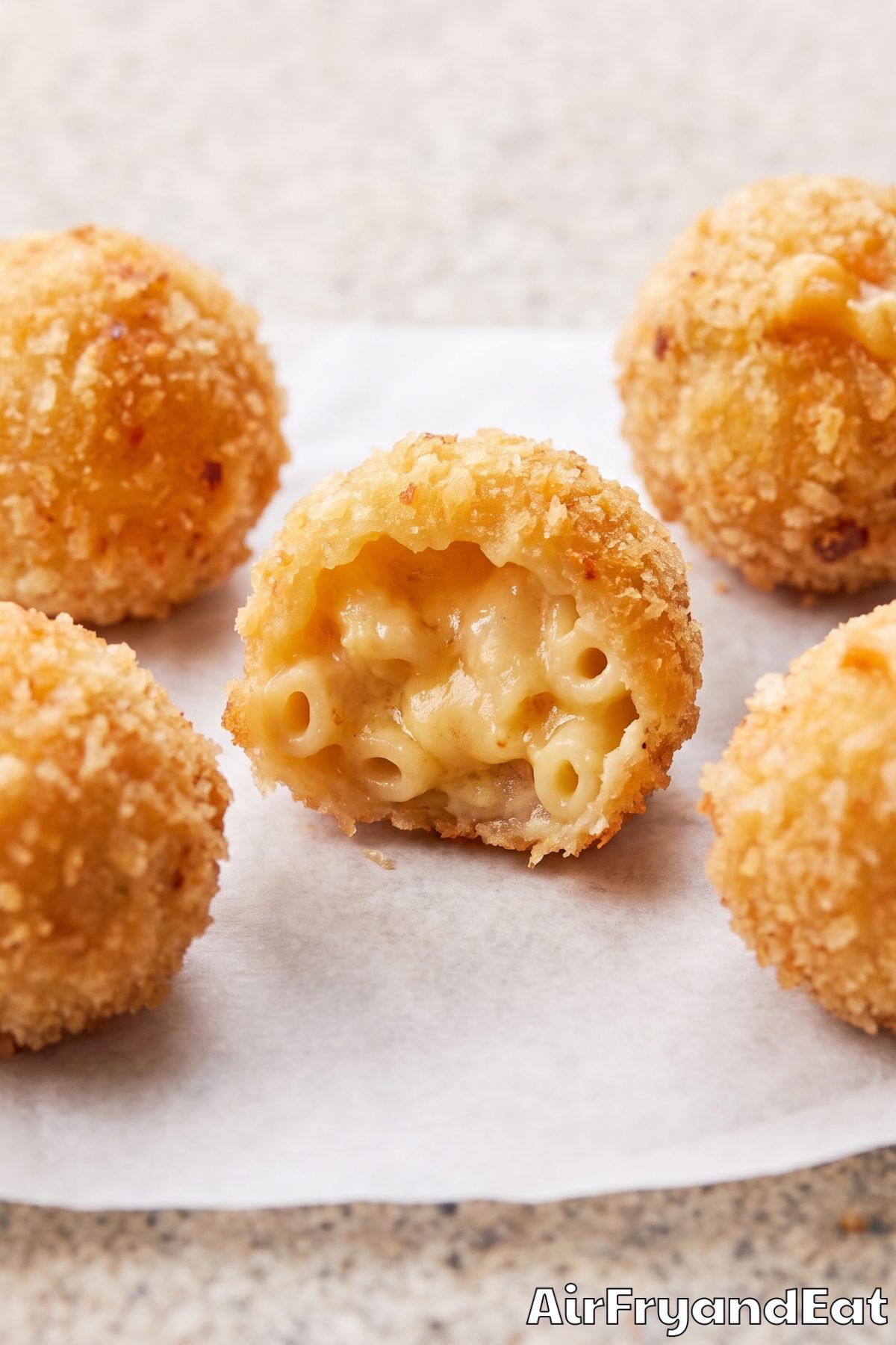 Crispy cheesy mac bites close up
