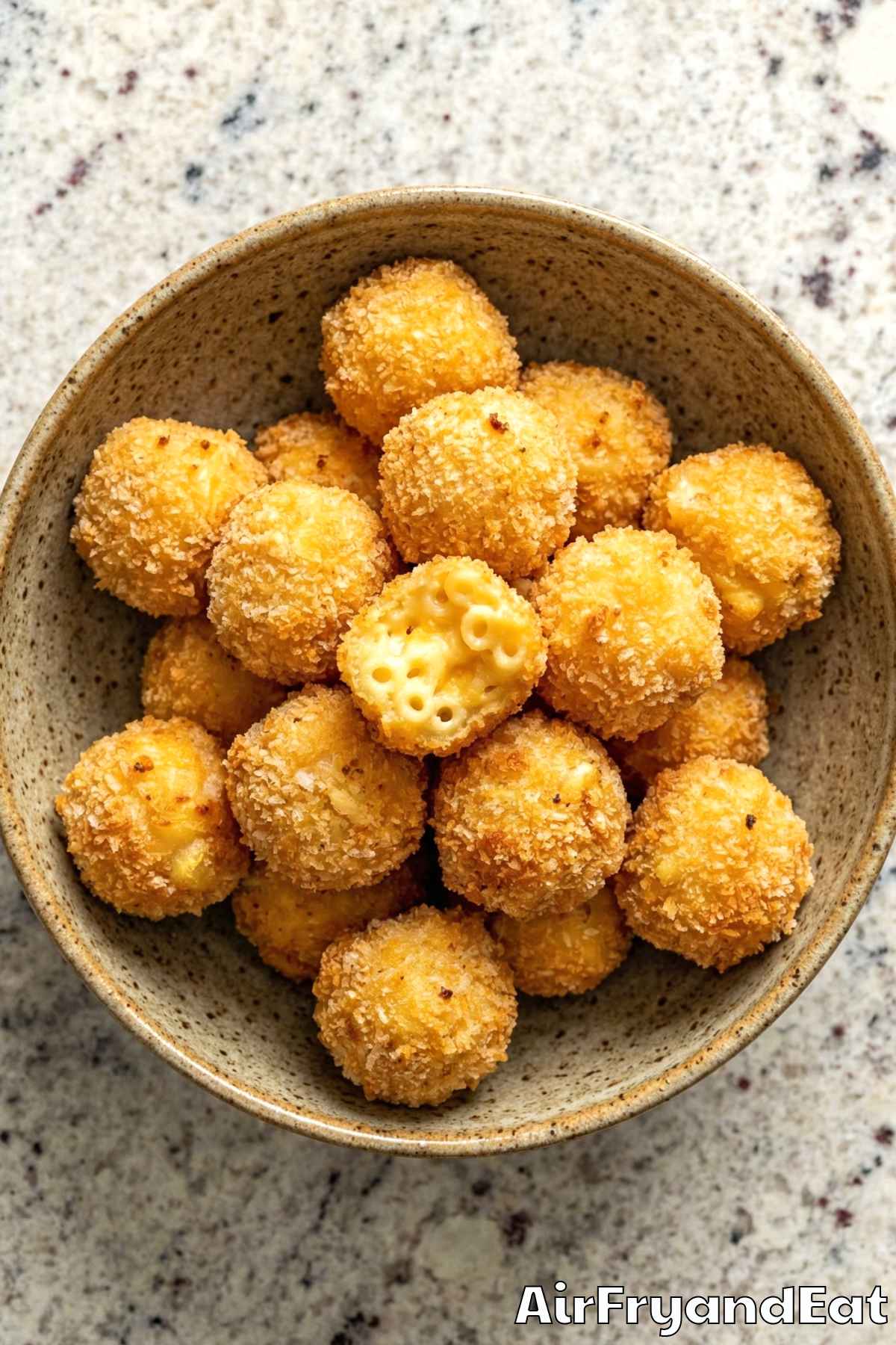 Warm air fryer mac & cheese bites ready to serve