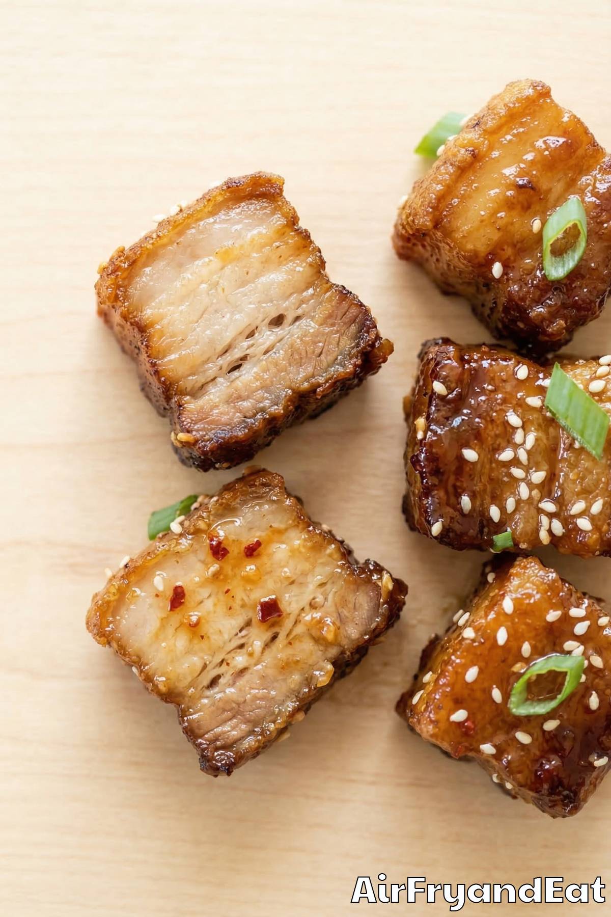 Golden air fryer maple glazed pork belly bites