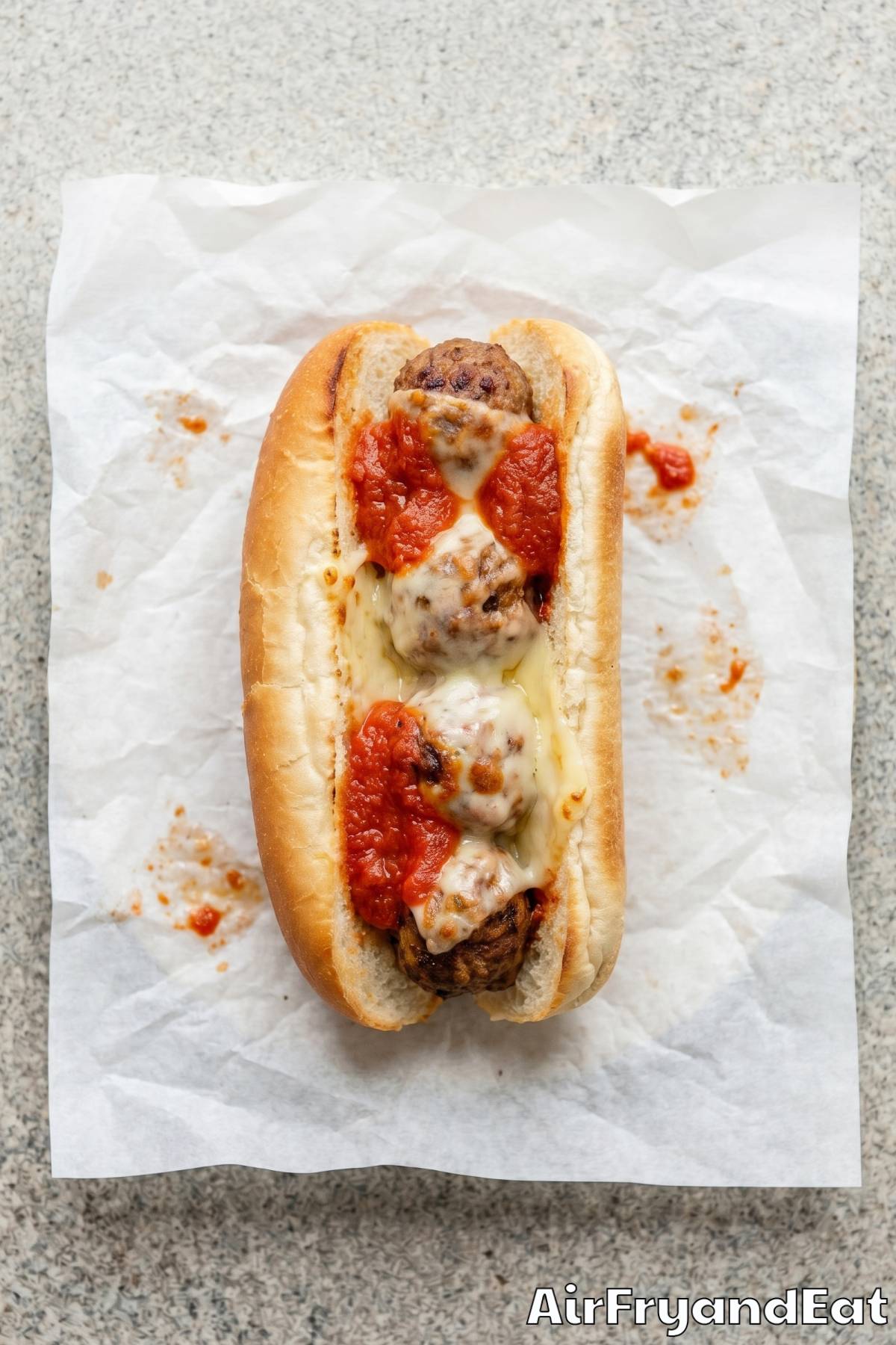 Savory air fryer meatball sub with melted cheese