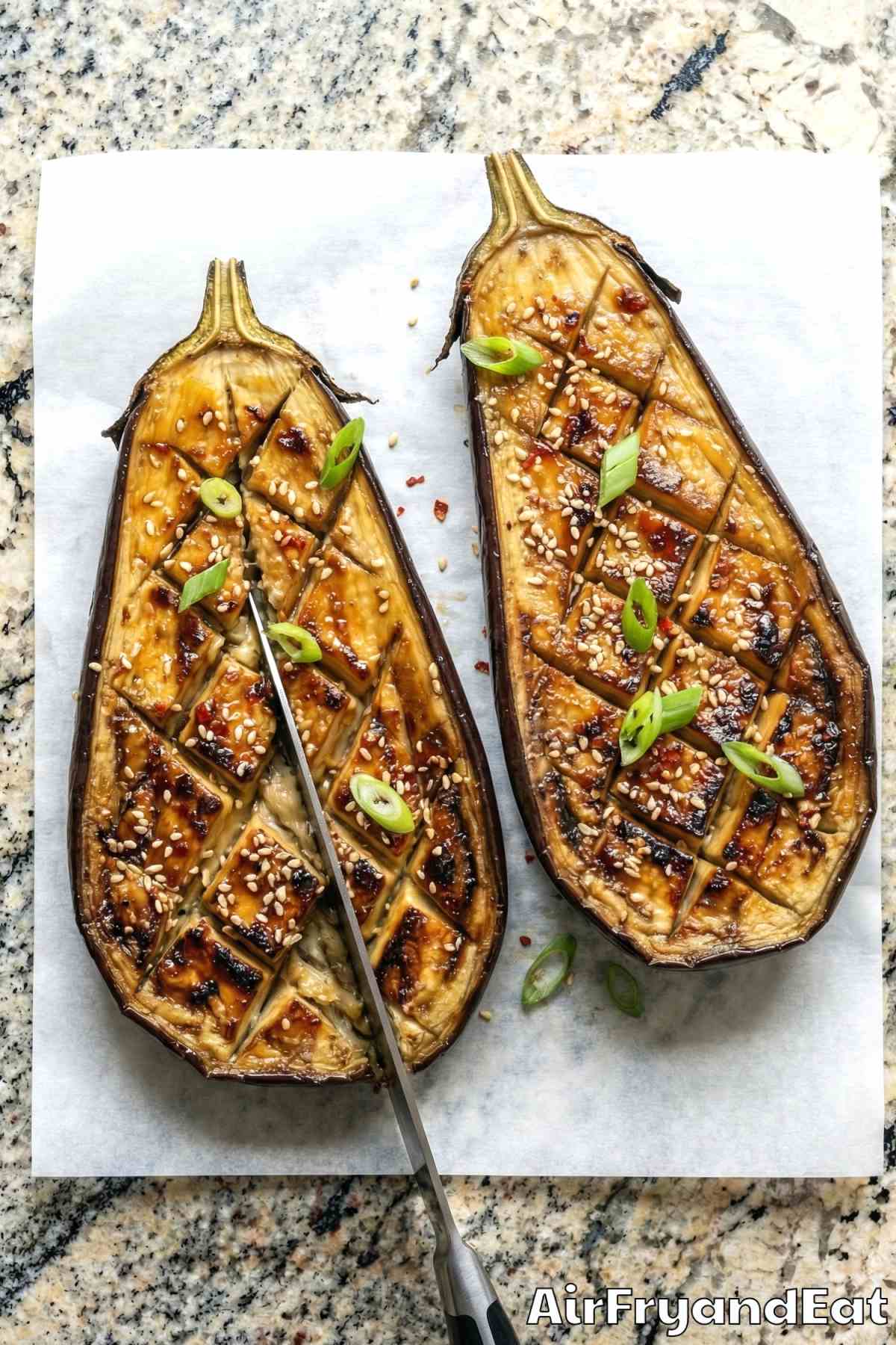 Glossy air fryer miso glazed eggplant